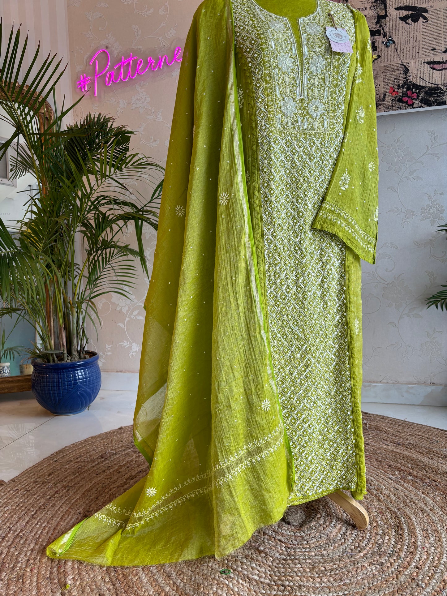 Olive Green Pure Tissue Chikankari Kurta and Dupatta