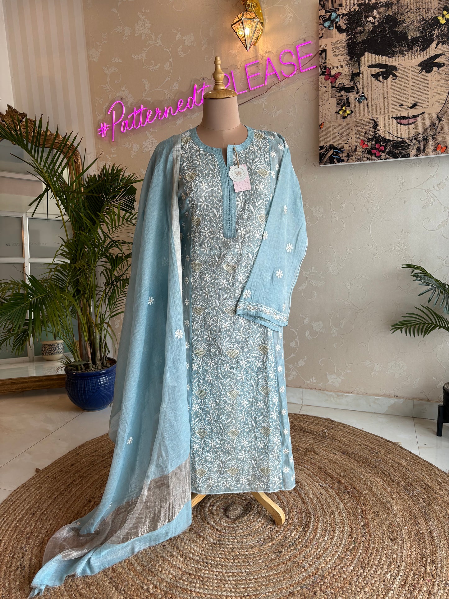 Powder Blue Pure Tissue Chikankari Kurta and Dupatta