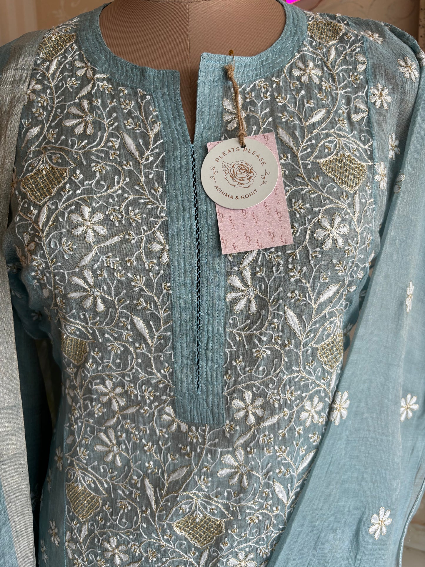 Powder Blue Pure Tissue Chikankari Kurta and Dupatta