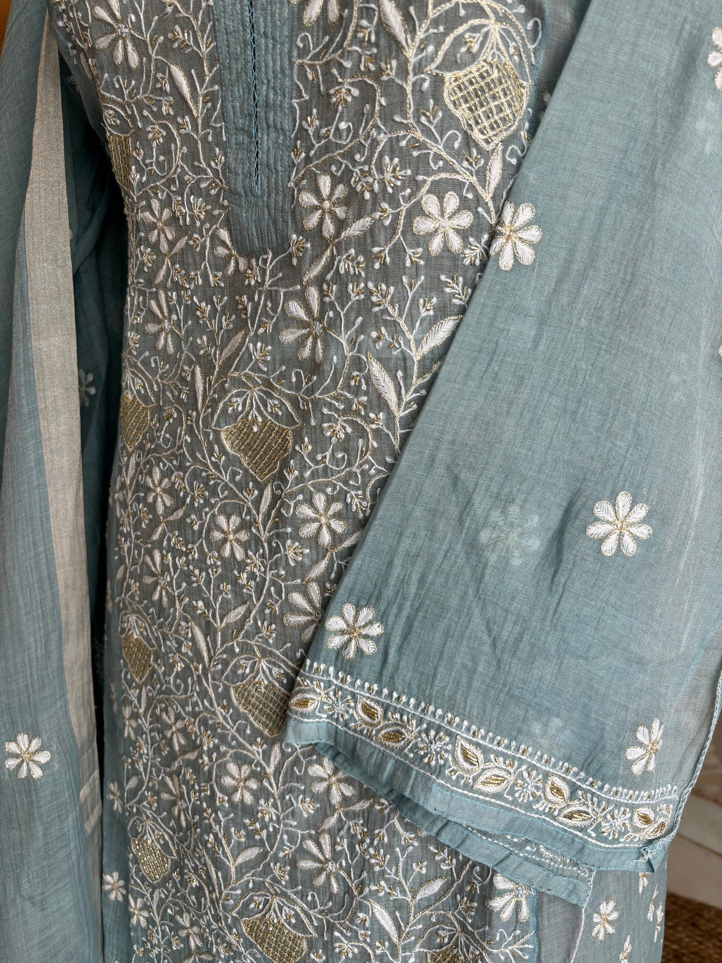 Powder Blue Pure Tissue Chikankari Kurta and Dupatta