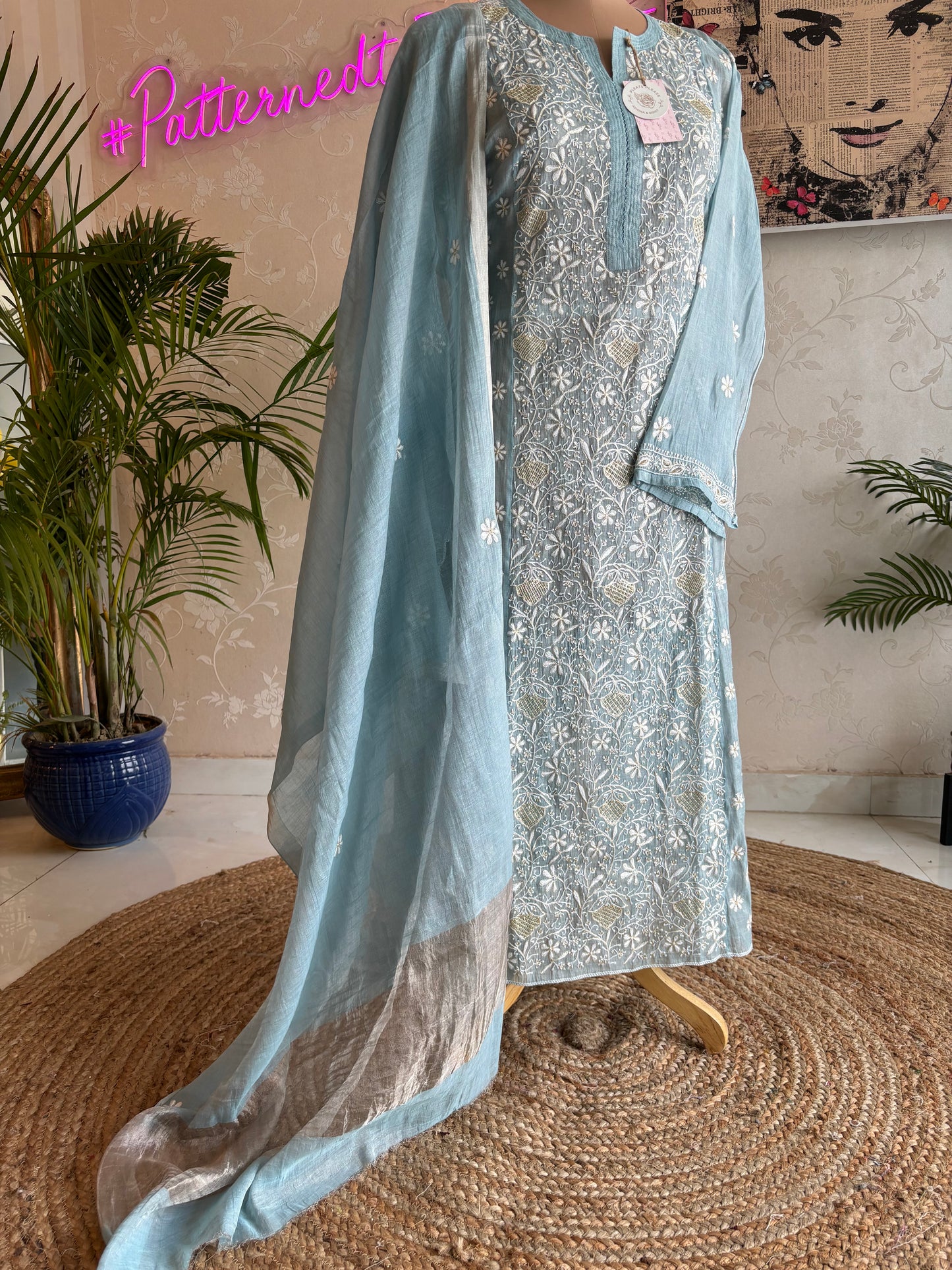 Powder Blue Pure Tissue Chikankari Kurta and Dupatta