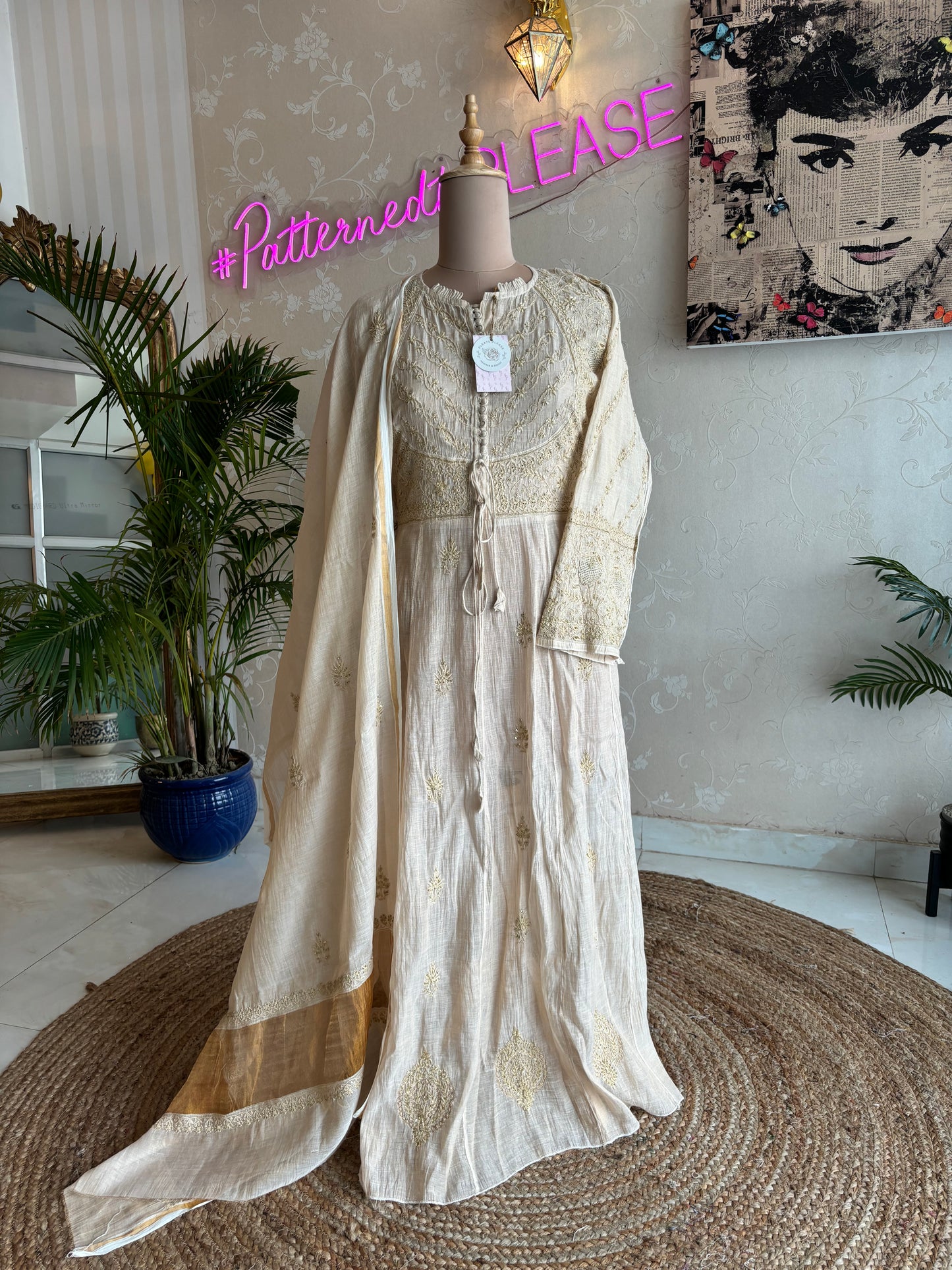 Dyeable Golden Pure Tissue Chikankari Bajirao Anarkali Kurta and Dupatta