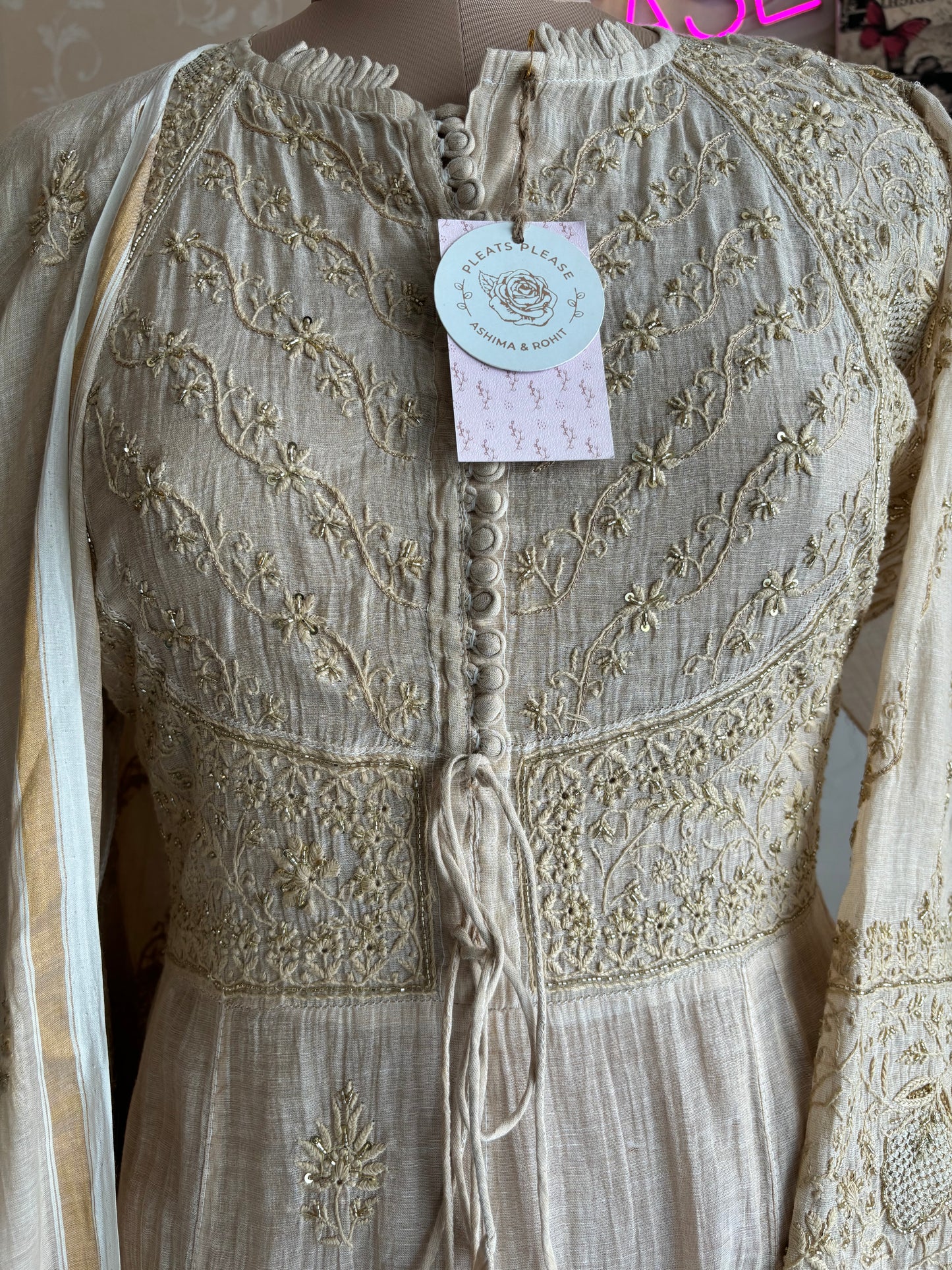 Dyeable Golden Pure Tissue Chikankari Bajirao Anarkali Kurta and Dupatta