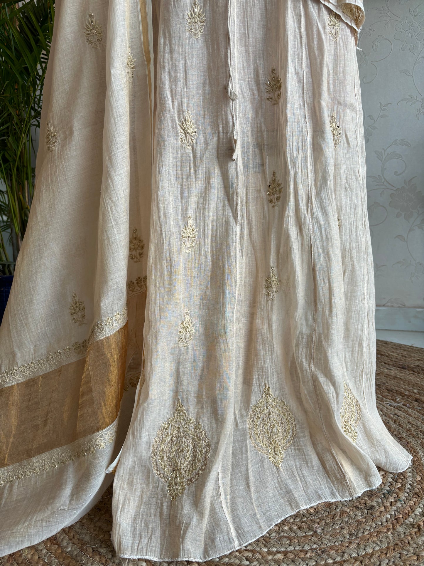 Dyeable Golden Pure Tissue Chikankari Bajirao Anarkali Kurta and Dupatta