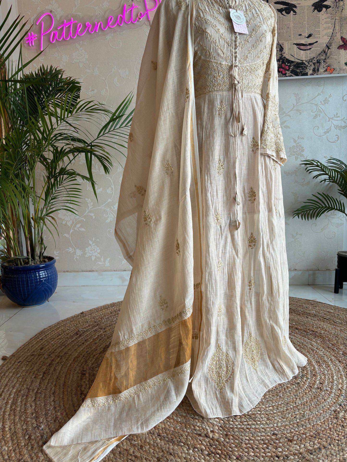 Dyeable Golden Pure Tissue Chikankari Bajirao Anarkali Kurta and Dupatta