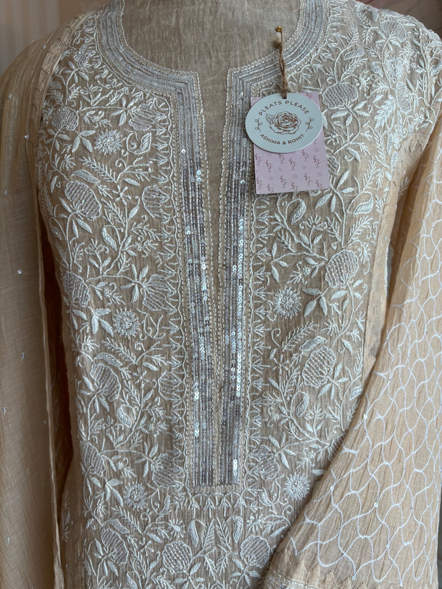 Dyeable Golden Pure Tissue Chikankari Kurta and Dupatta