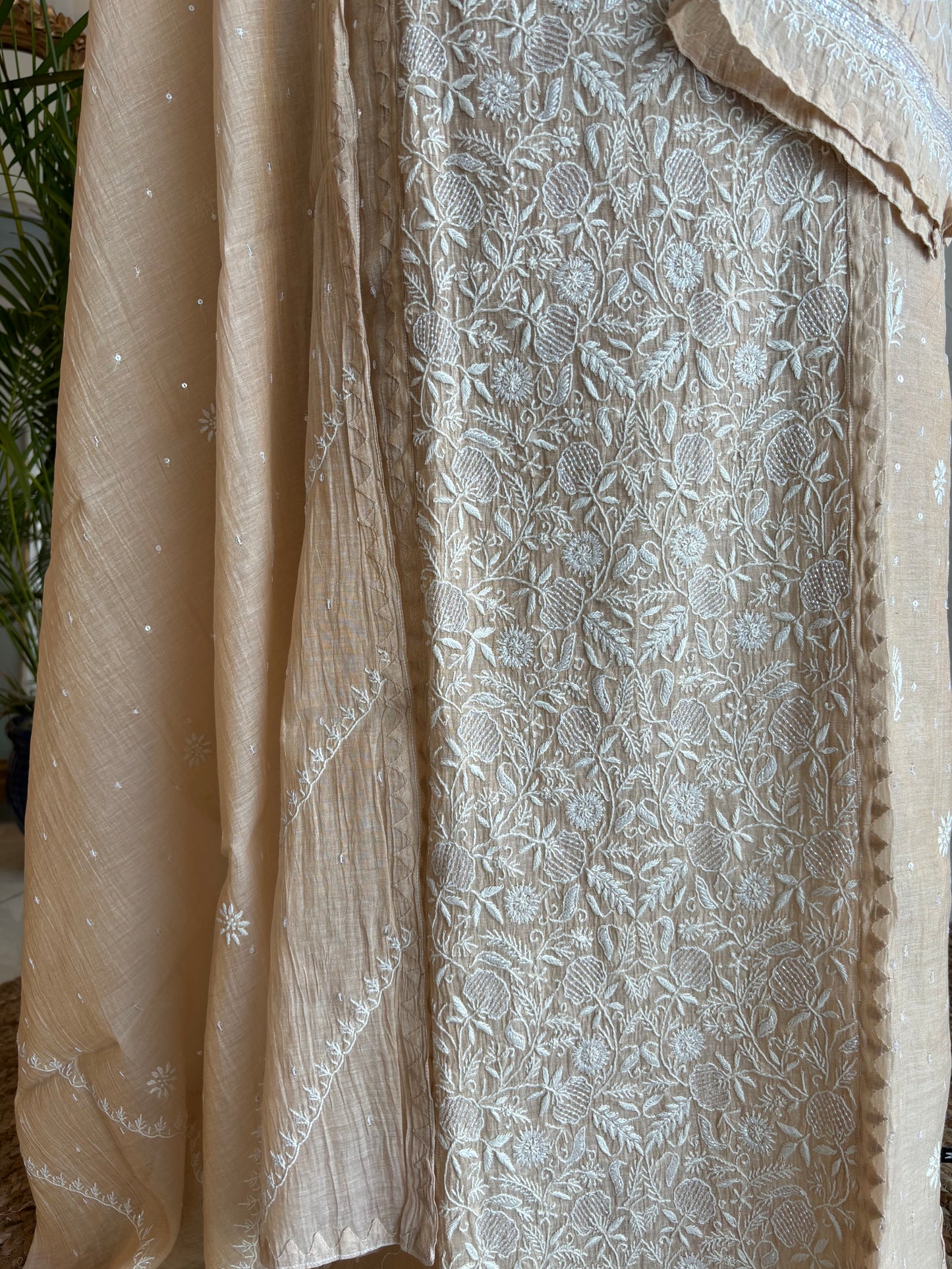 Dyeable Golden Pure Tissue Chikankari Kurta and Dupatta