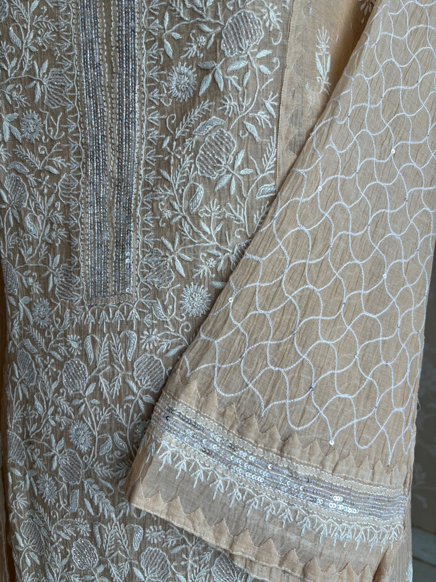 Dyeable Golden Pure Tissue Chikankari Kurta and Dupatta