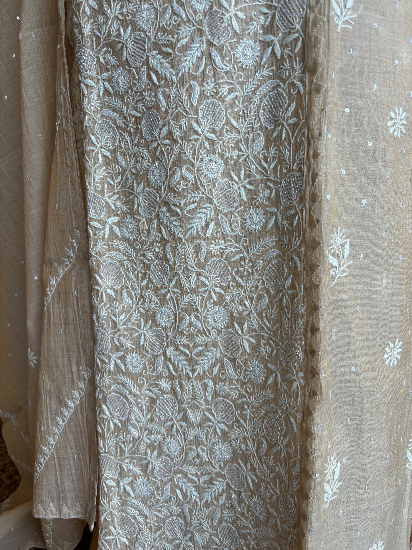 Dyeable Golden Pure Tissue Chikankari Kurta and Dupatta