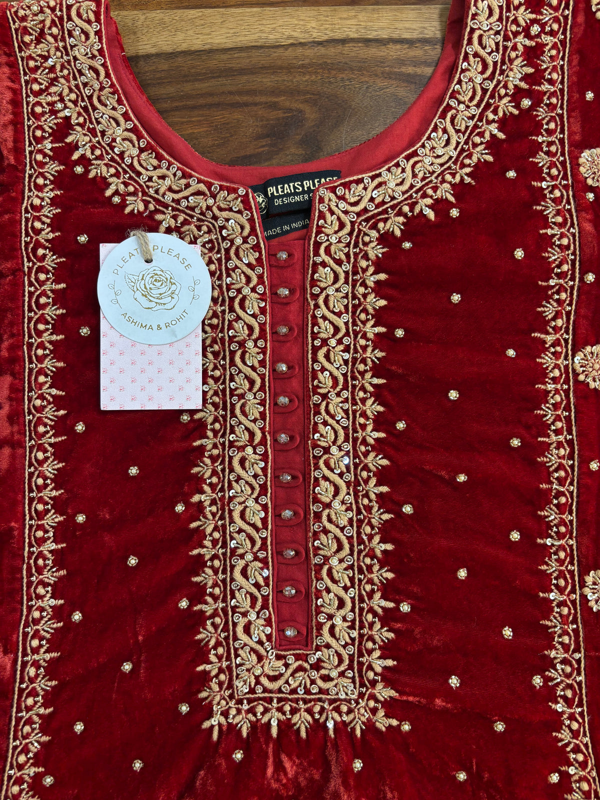 Red Velvet Chikankari Kurta & Organza Dupatta
