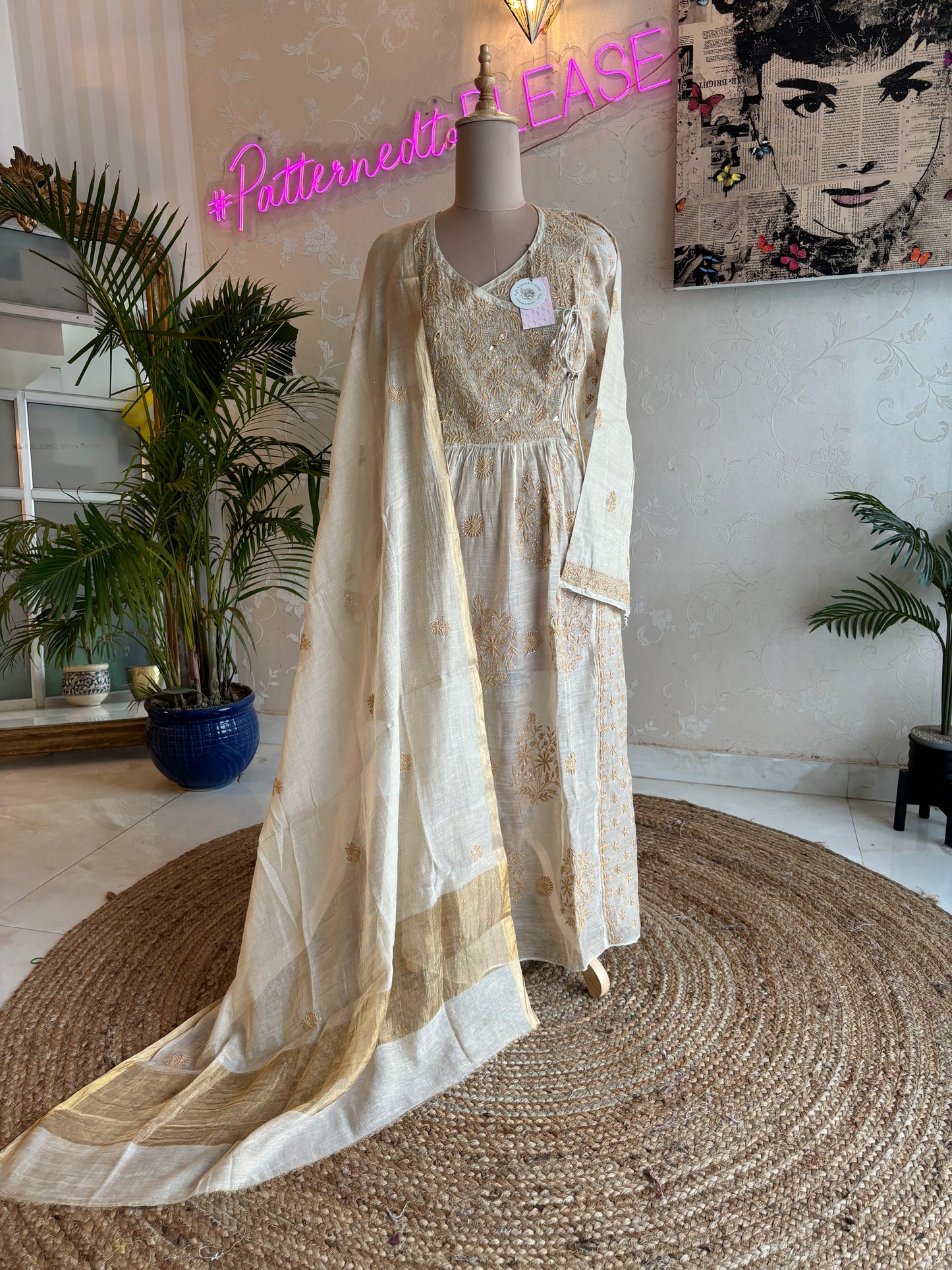 Dyeable Golden Pure Tissue Chikankari Angrakha Kurta and Dupatta