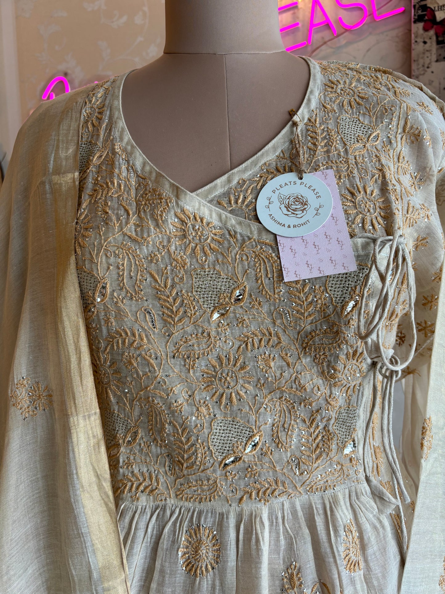 Dyeable Golden Pure Tissue Chikankari Angrakha Kurta and Dupatta