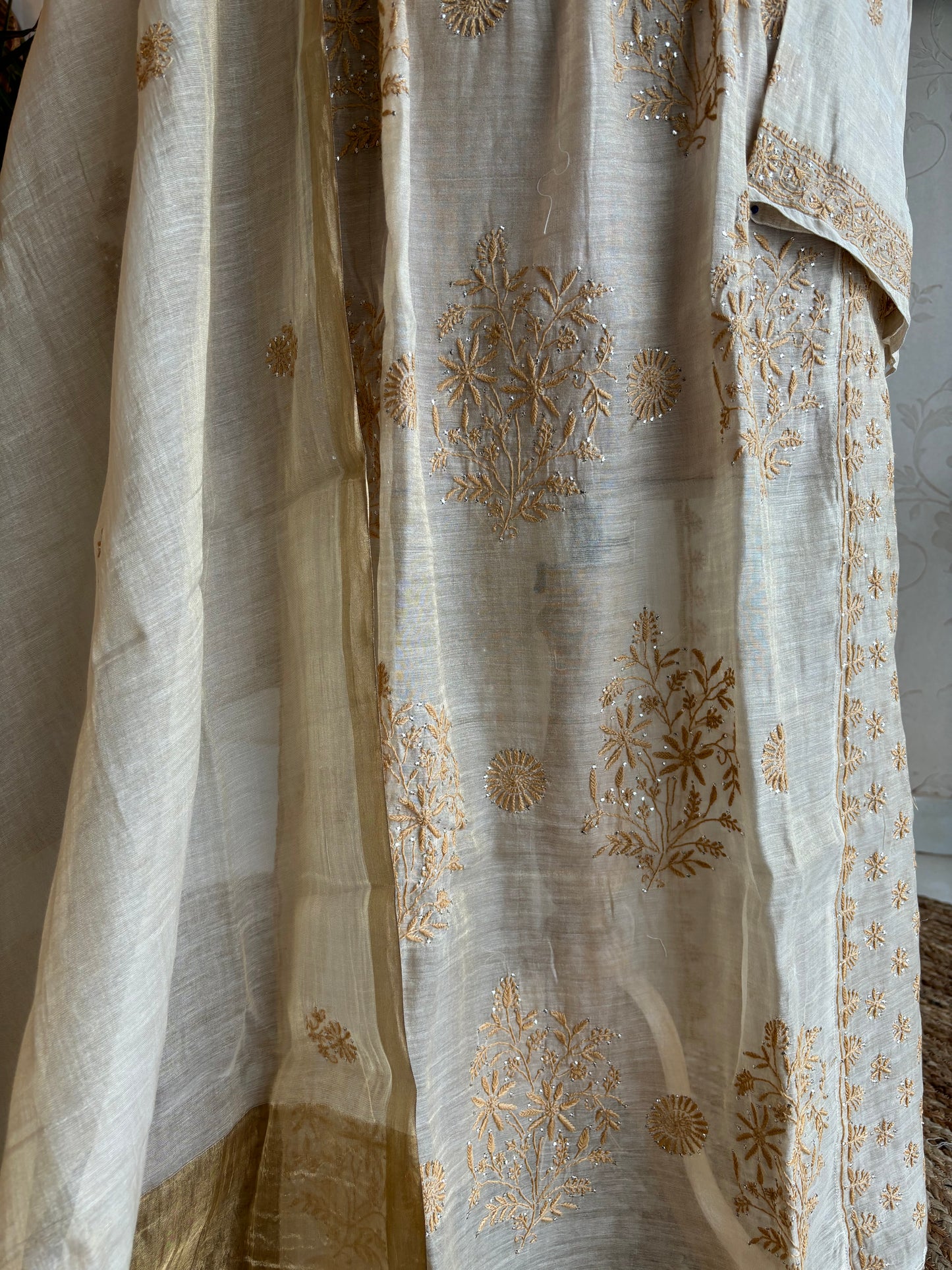 Dyeable Golden Pure Tissue Chikankari Angrakha Kurta and Dupatta