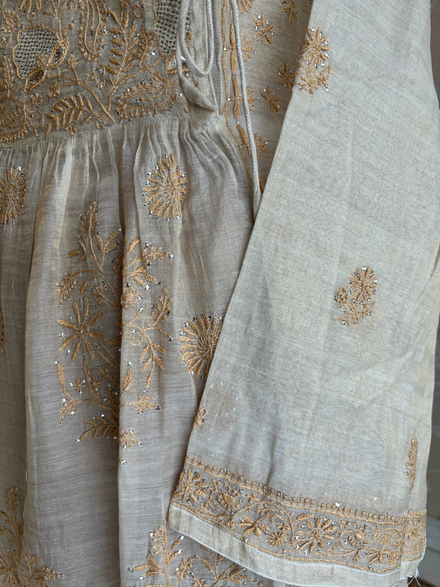 Dyeable Golden Pure Tissue Chikankari Angrakha Kurta and Dupatta