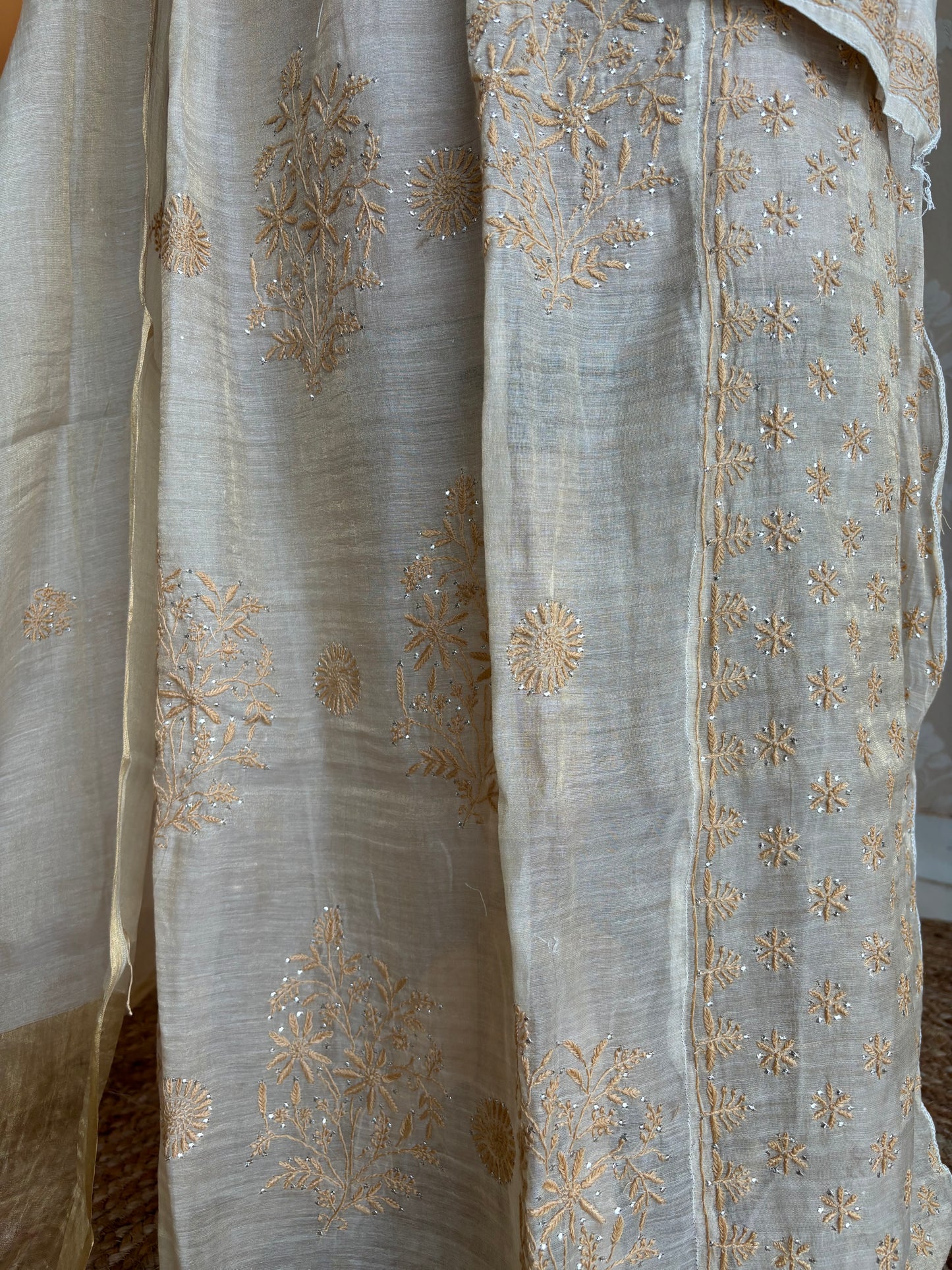 Dyeable Golden Pure Tissue Chikankari Angrakha Kurta and Dupatta