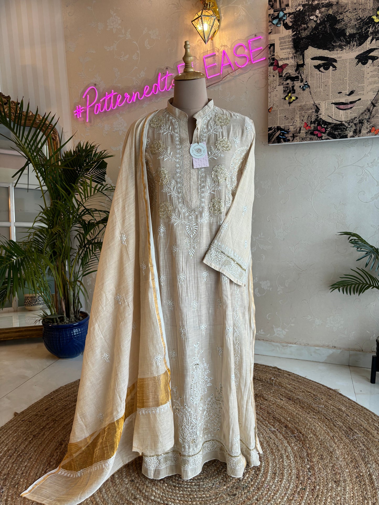 Dyeable Golden Pure Tissue Chikankari Anarkali Kurta and Dupatta