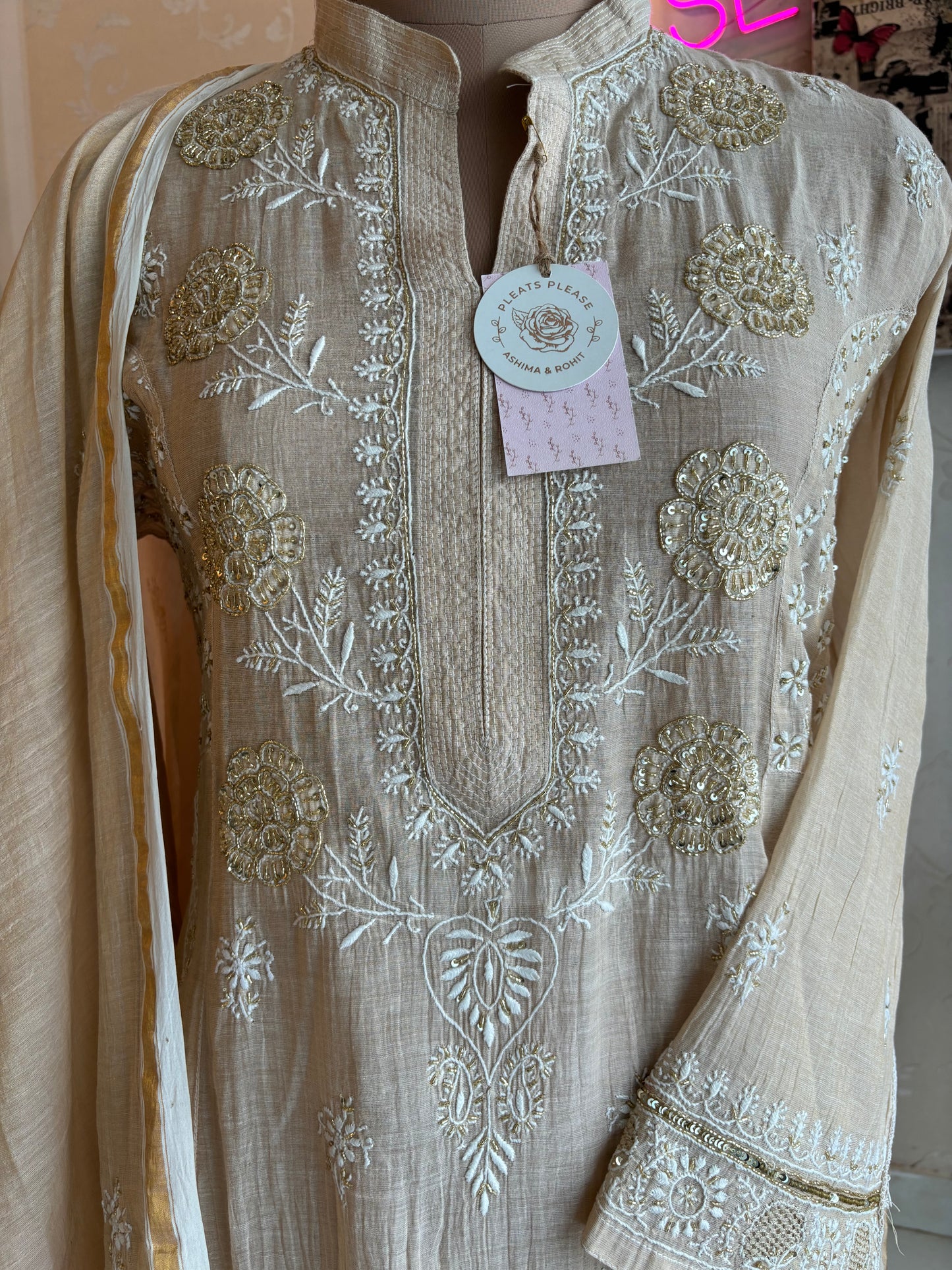 Dyeable Golden Pure Tissue Chikankari Anarkali Kurta and Dupatta