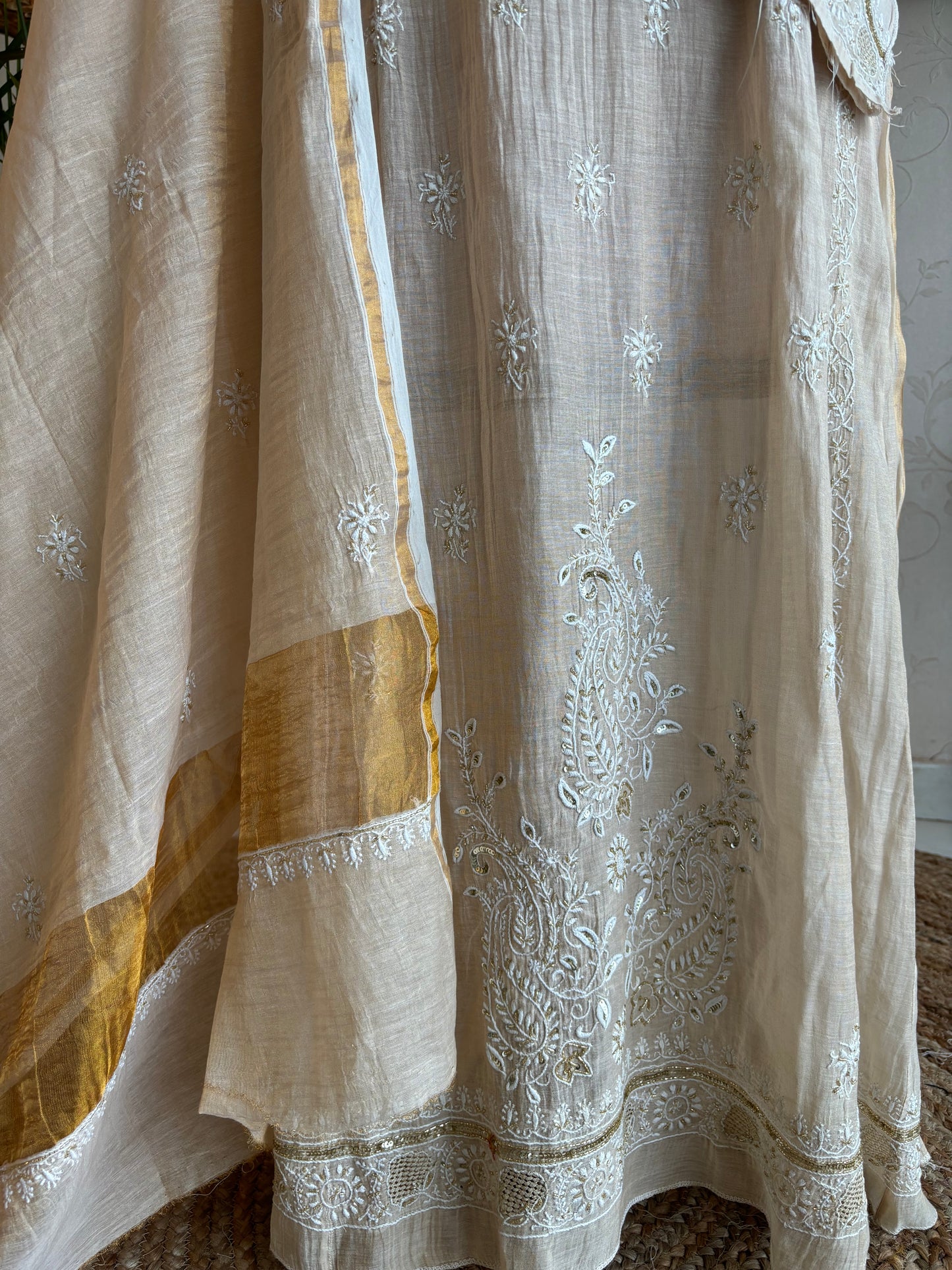 Dyeable Golden Pure Tissue Chikankari Anarkali Kurta and Dupatta