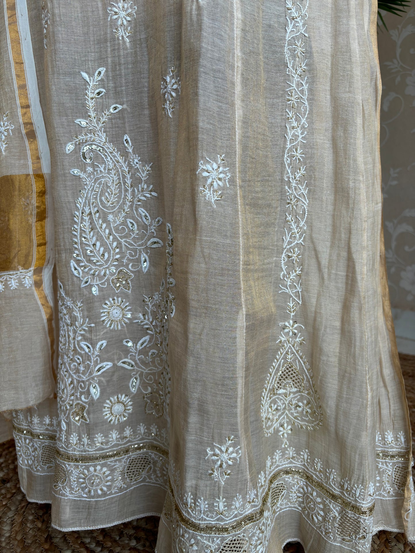 Dyeable Golden Pure Tissue Chikankari Anarkali Kurta and Dupatta