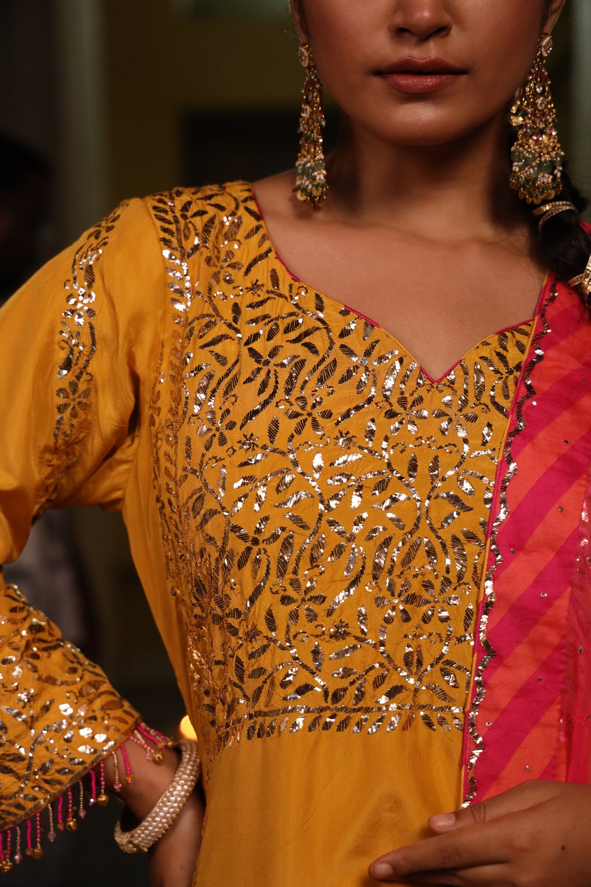 Mustard Pure Silk Mukaish Set With Organza Dupatta