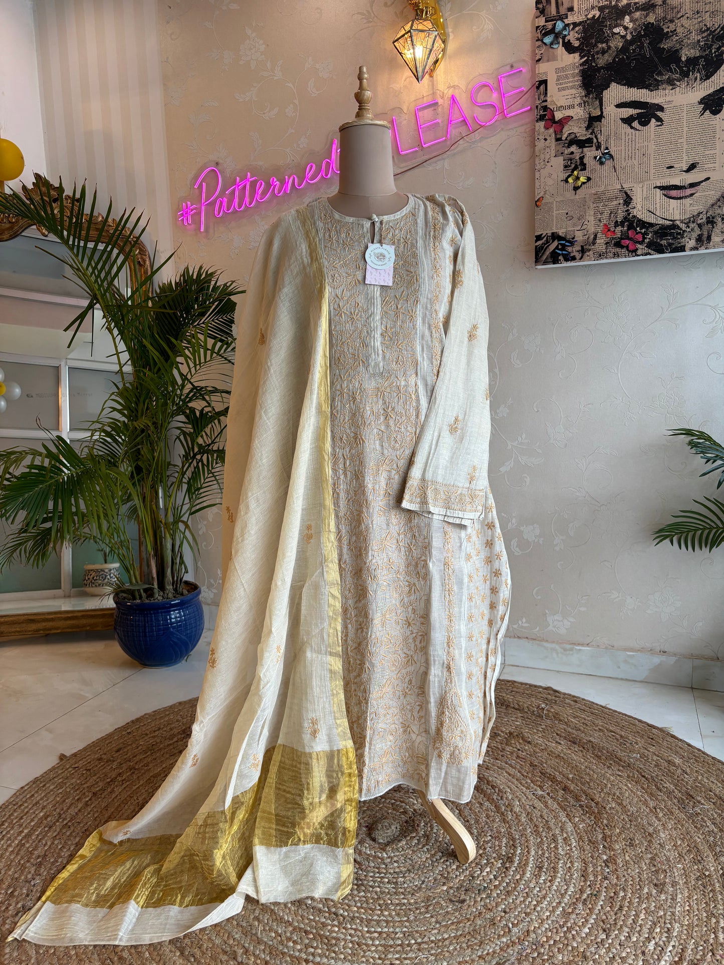 Dyeable Golden Pure Tissue Chikankari Anarkali Kurta and Dupatta