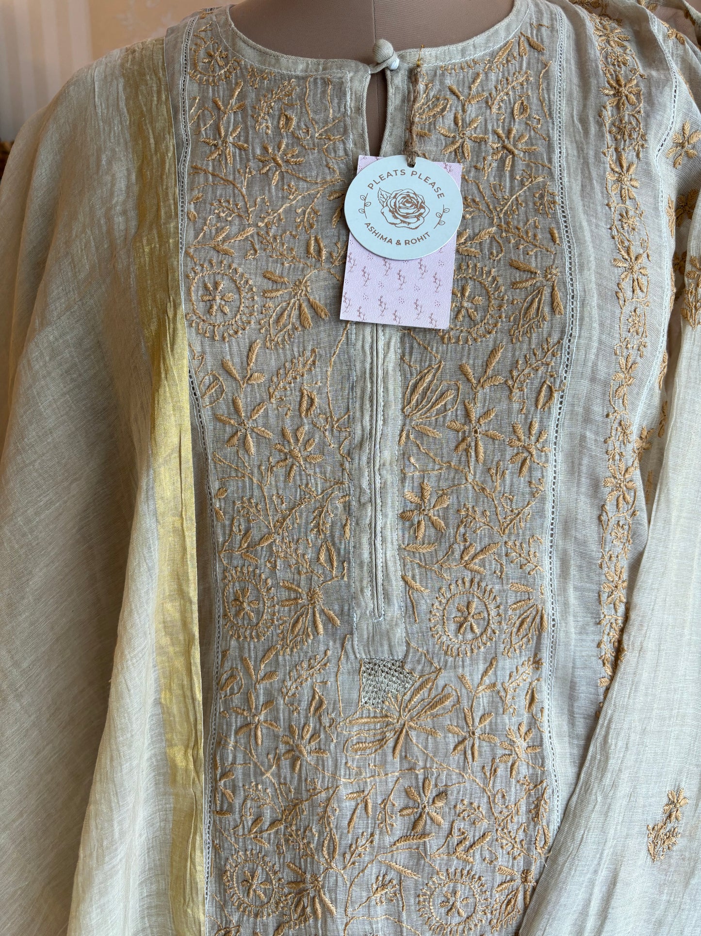 Dyeable Golden Pure Tissue Chikankari Anarkali Kurta and Dupatta