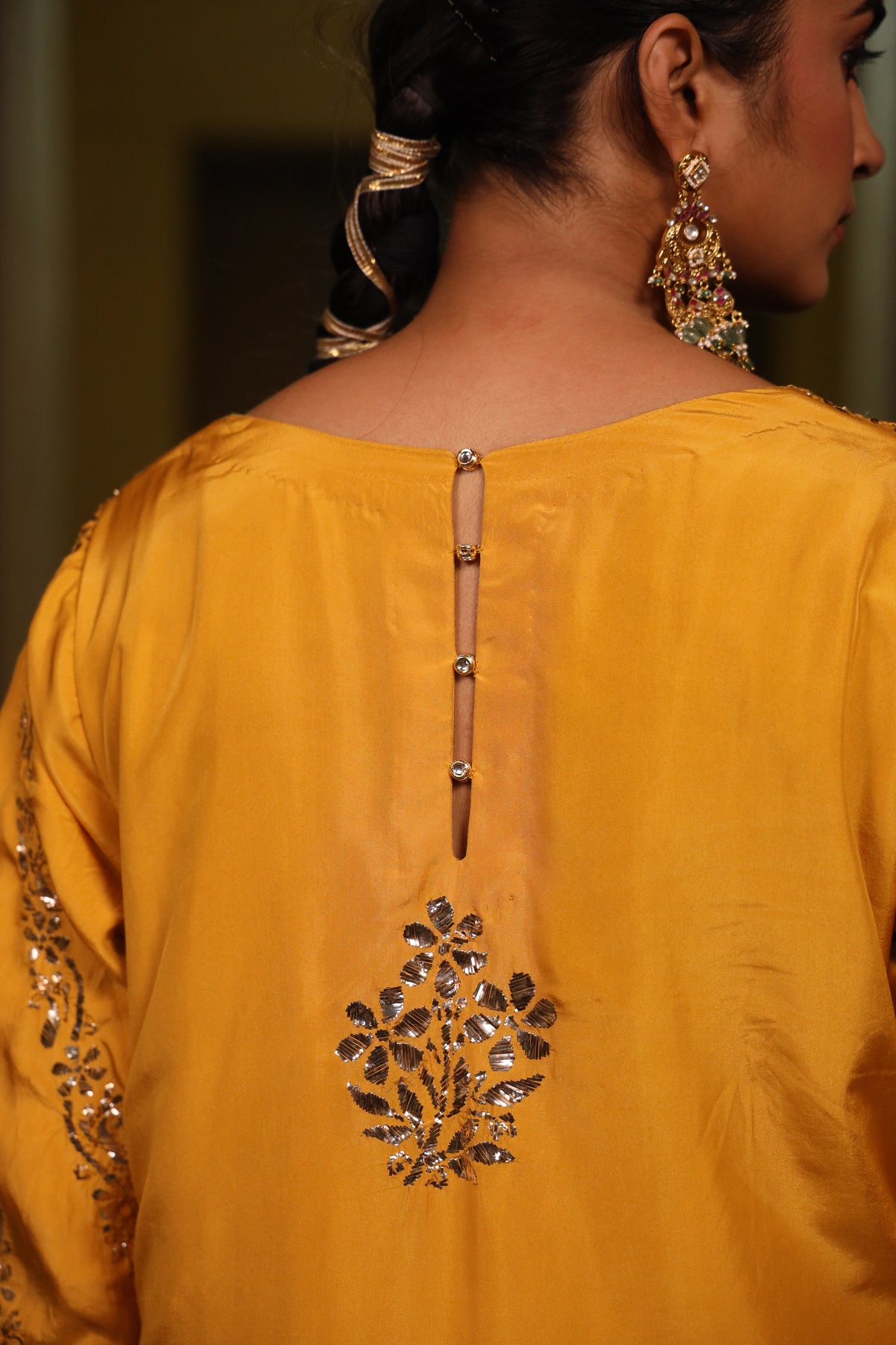 Mustard Pure Silk Mukaish Set With Organza Dupatta