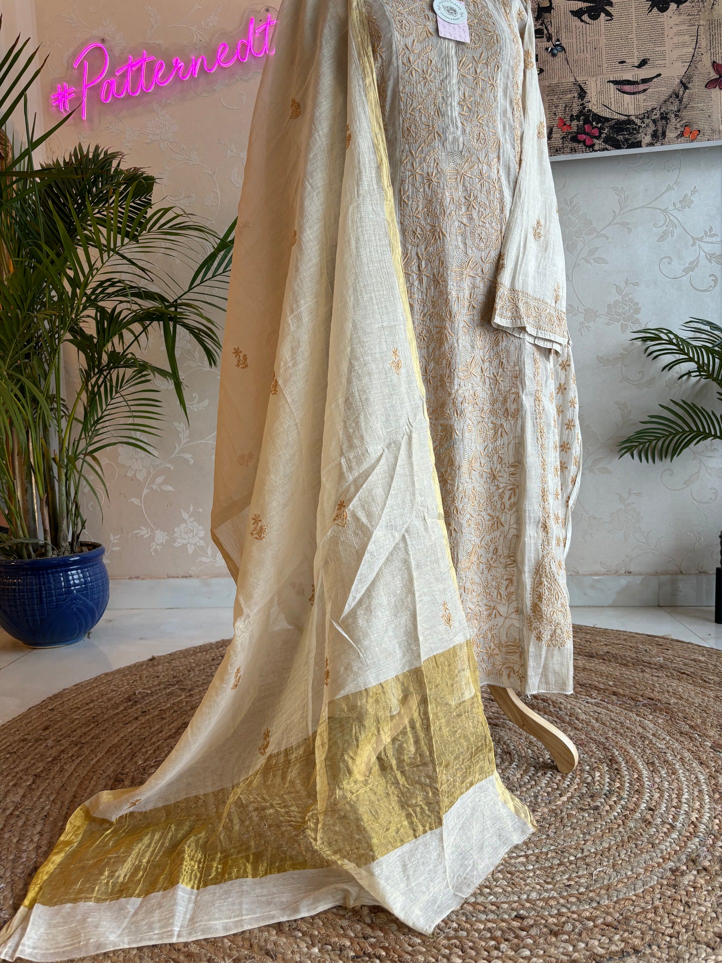 Dyeable Golden Pure Tissue Chikankari Anarkali Kurta and Dupatta