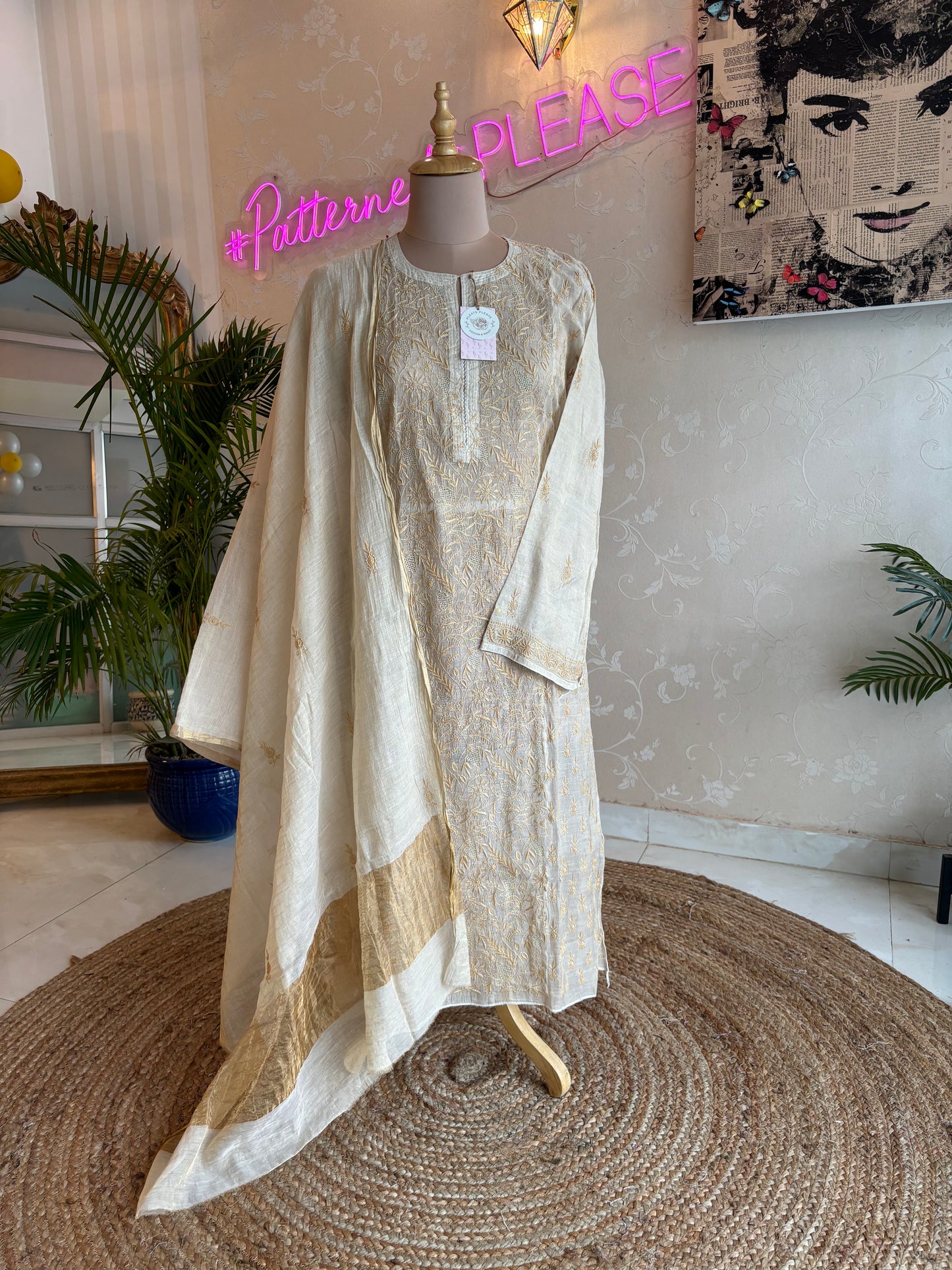 Dyeable Golden Pure Tissue Chikankari Kurta and Dupatta