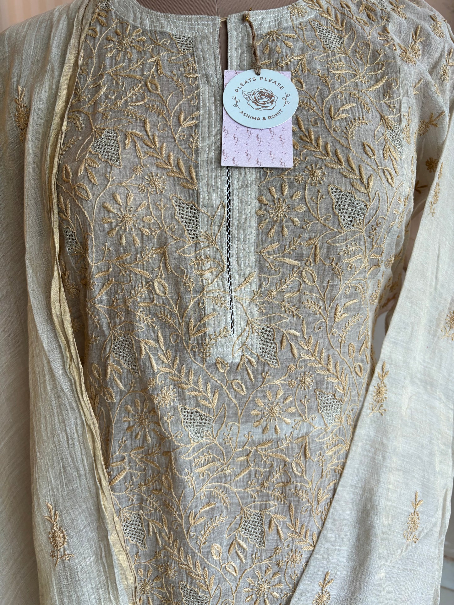 Dyeable Golden Pure Tissue Chikankari Kurta and Dupatta