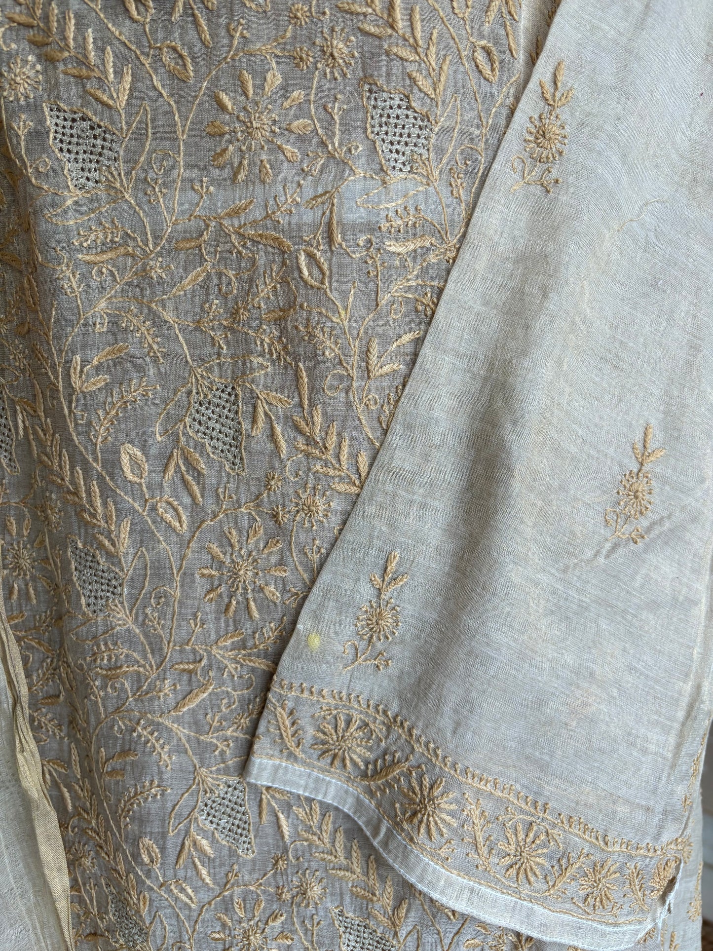 Dyeable Golden Pure Tissue Chikankari Kurta and Dupatta