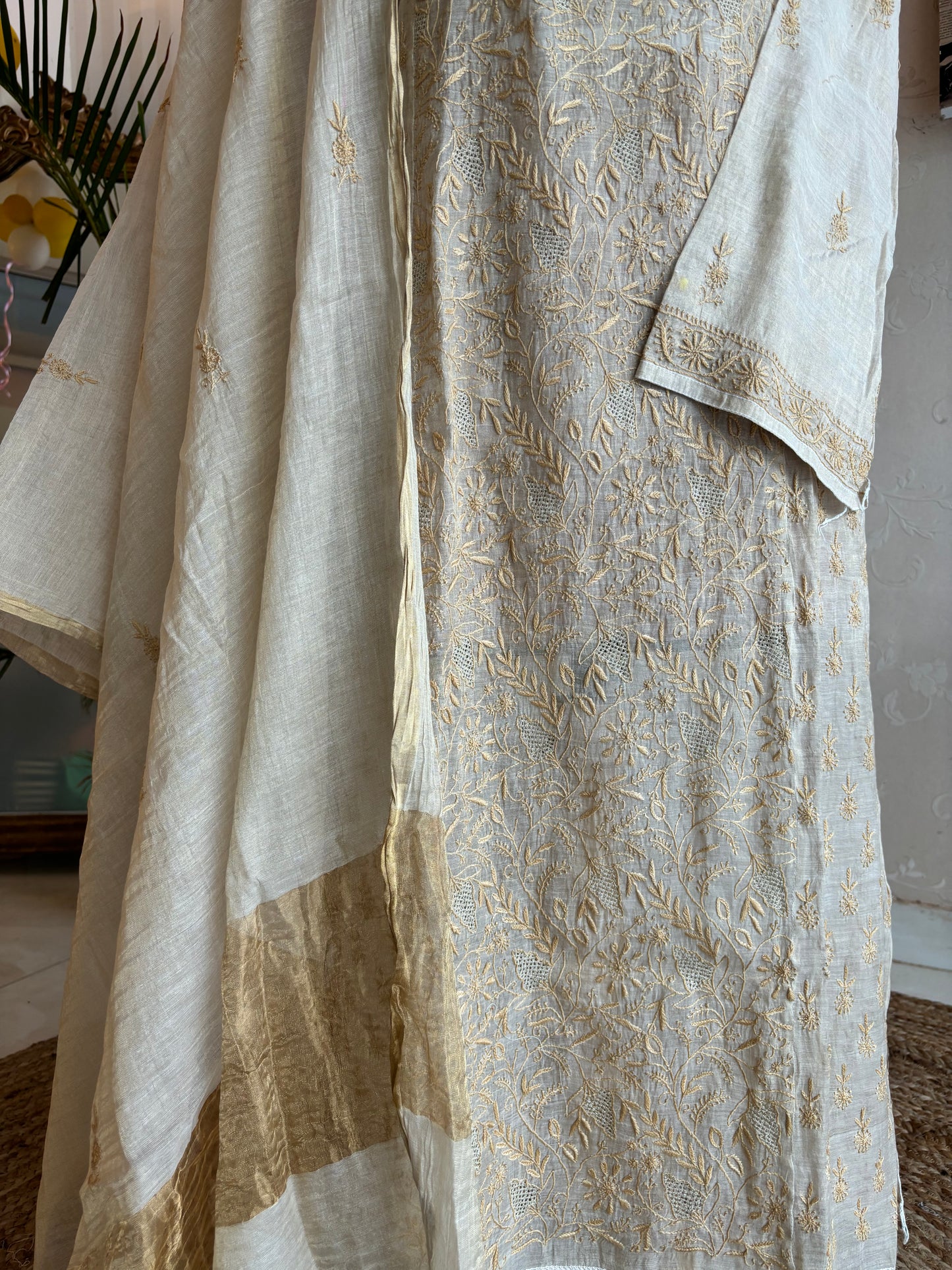 Dyeable Golden Pure Tissue Chikankari Kurta and Dupatta