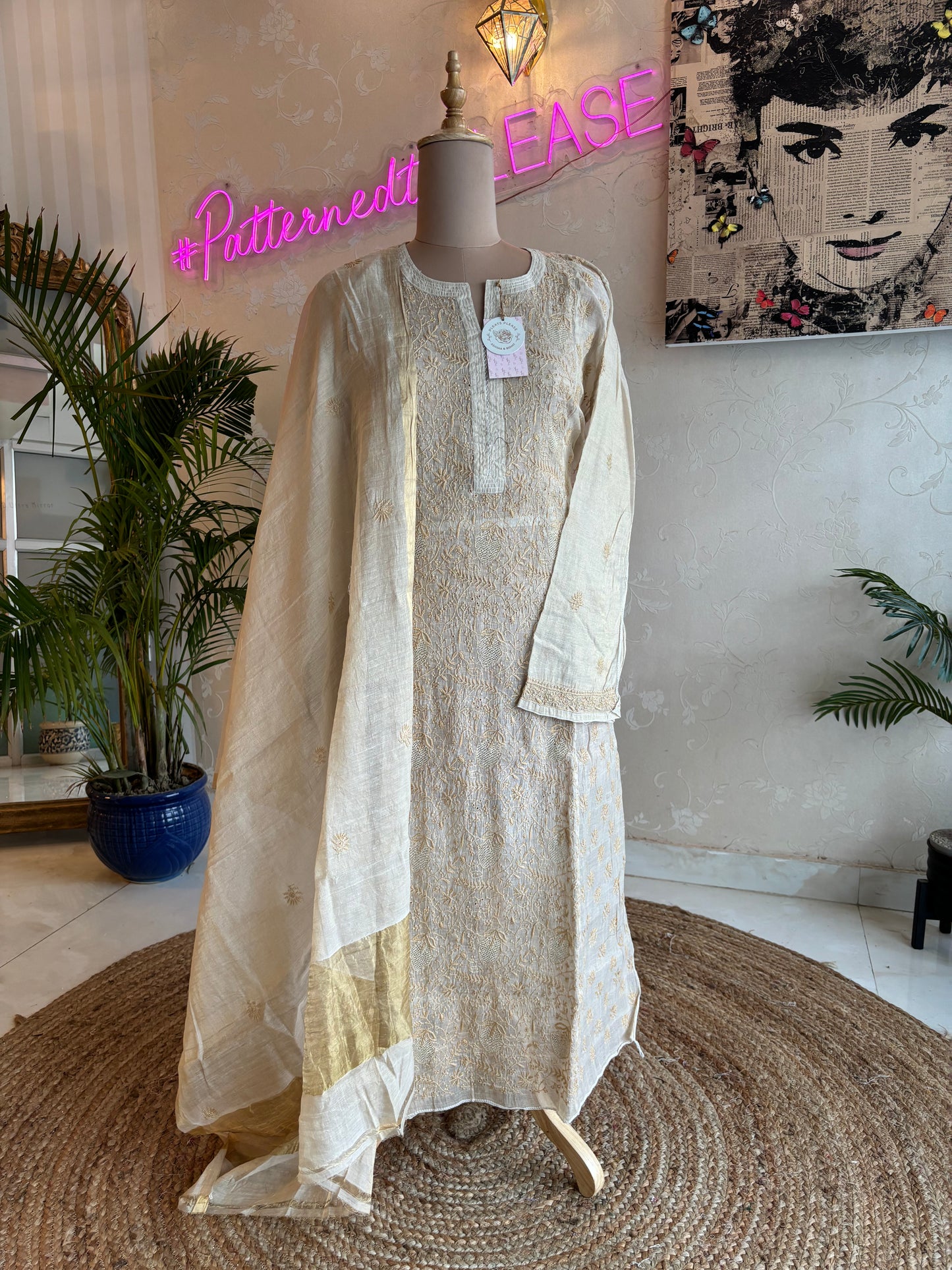 Dyeable Golden Pure Tissue Chikankari Kurta and Dupatta