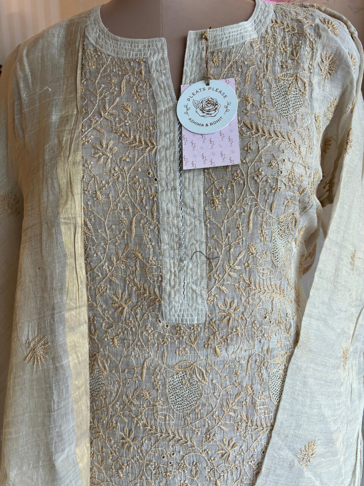 Dyeable Golden Pure Tissue Chikankari Kurta and Dupatta