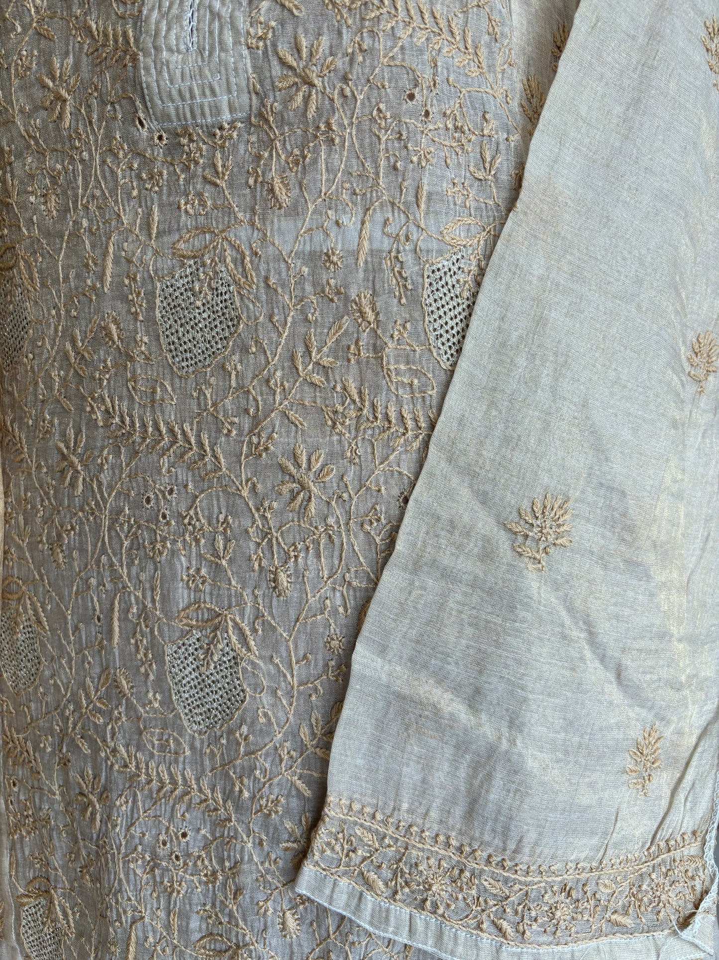 Dyeable Golden Pure Tissue Chikankari Kurta and Dupatta