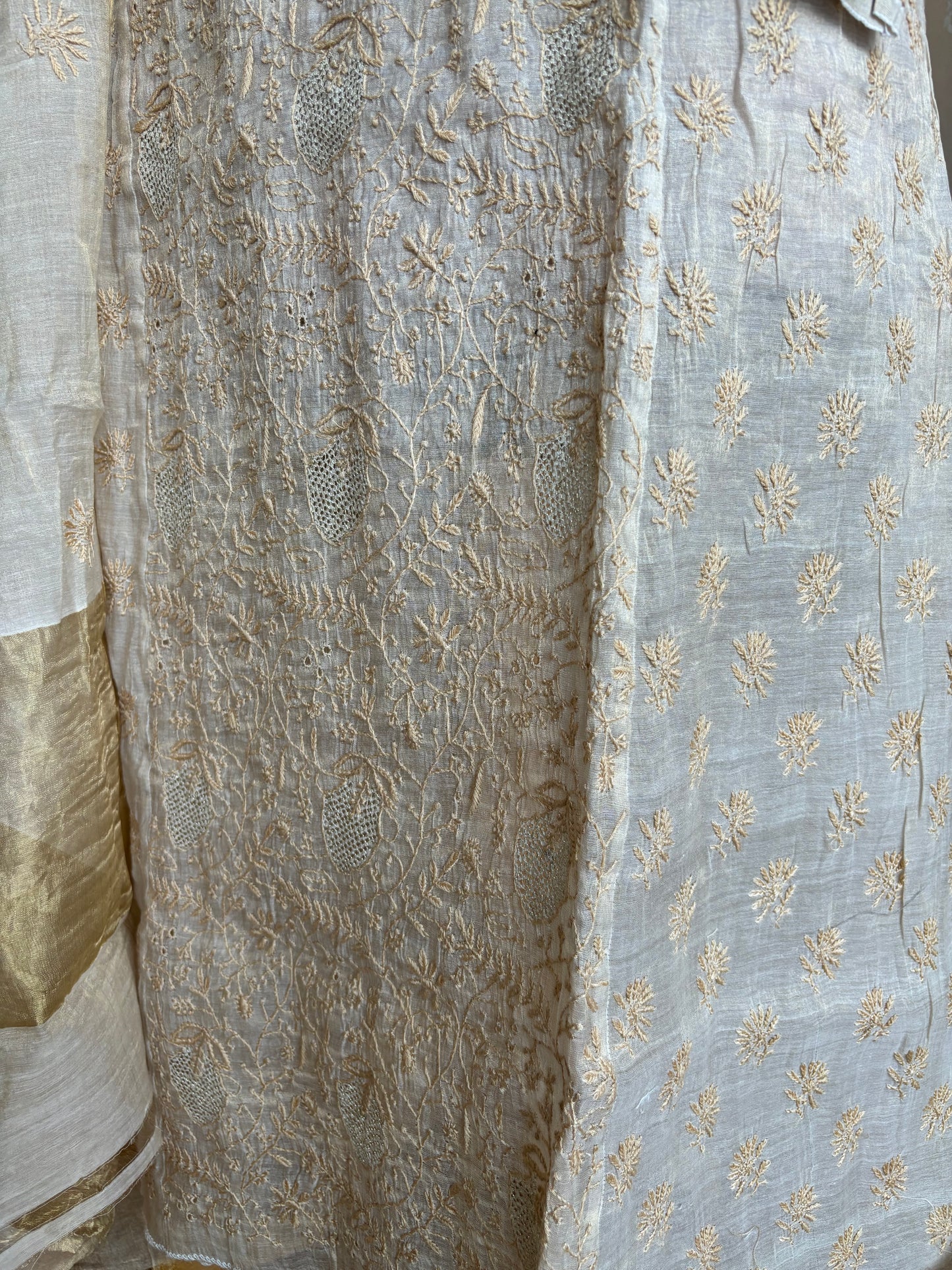 Dyeable Golden Pure Tissue Chikankari Kurta and Dupatta