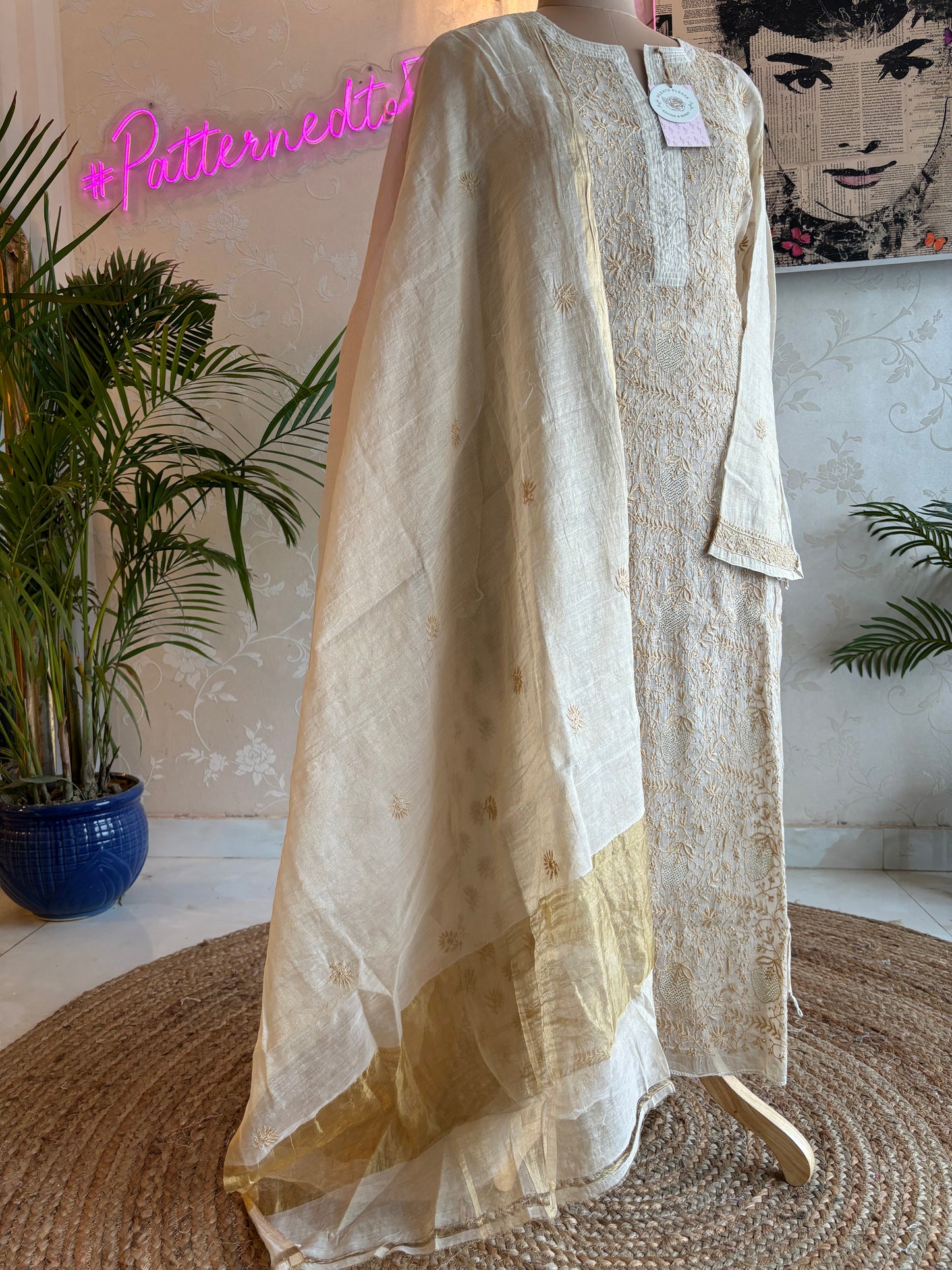 Dyeable Golden Pure Tissue Chikankari Kurta and Dupatta