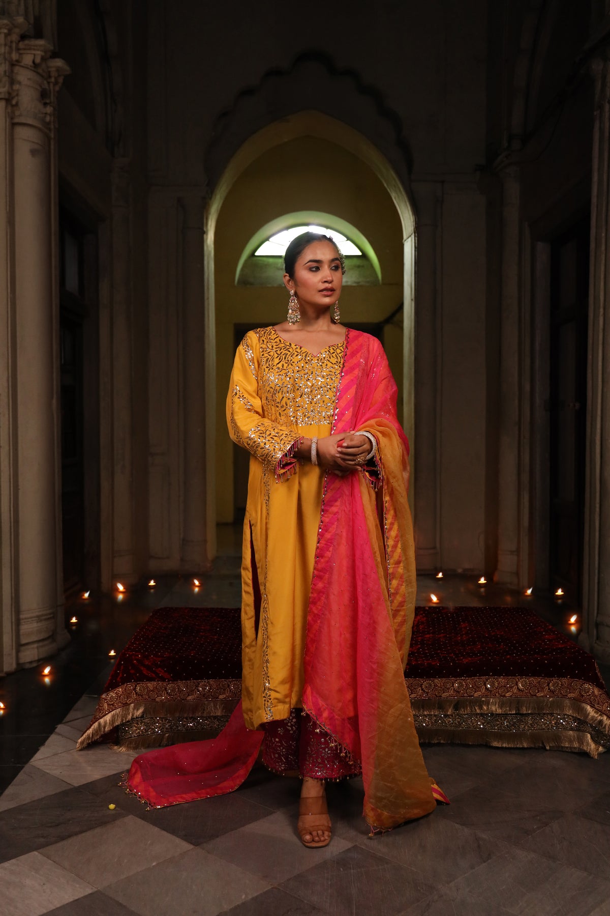 Mustard Pure Silk Mukaish Set With Organza Dupatta
