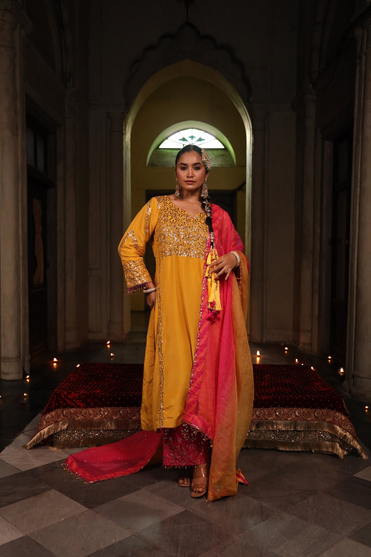 Mustard Pure Silk Mukaish Set With Organza Dupatta