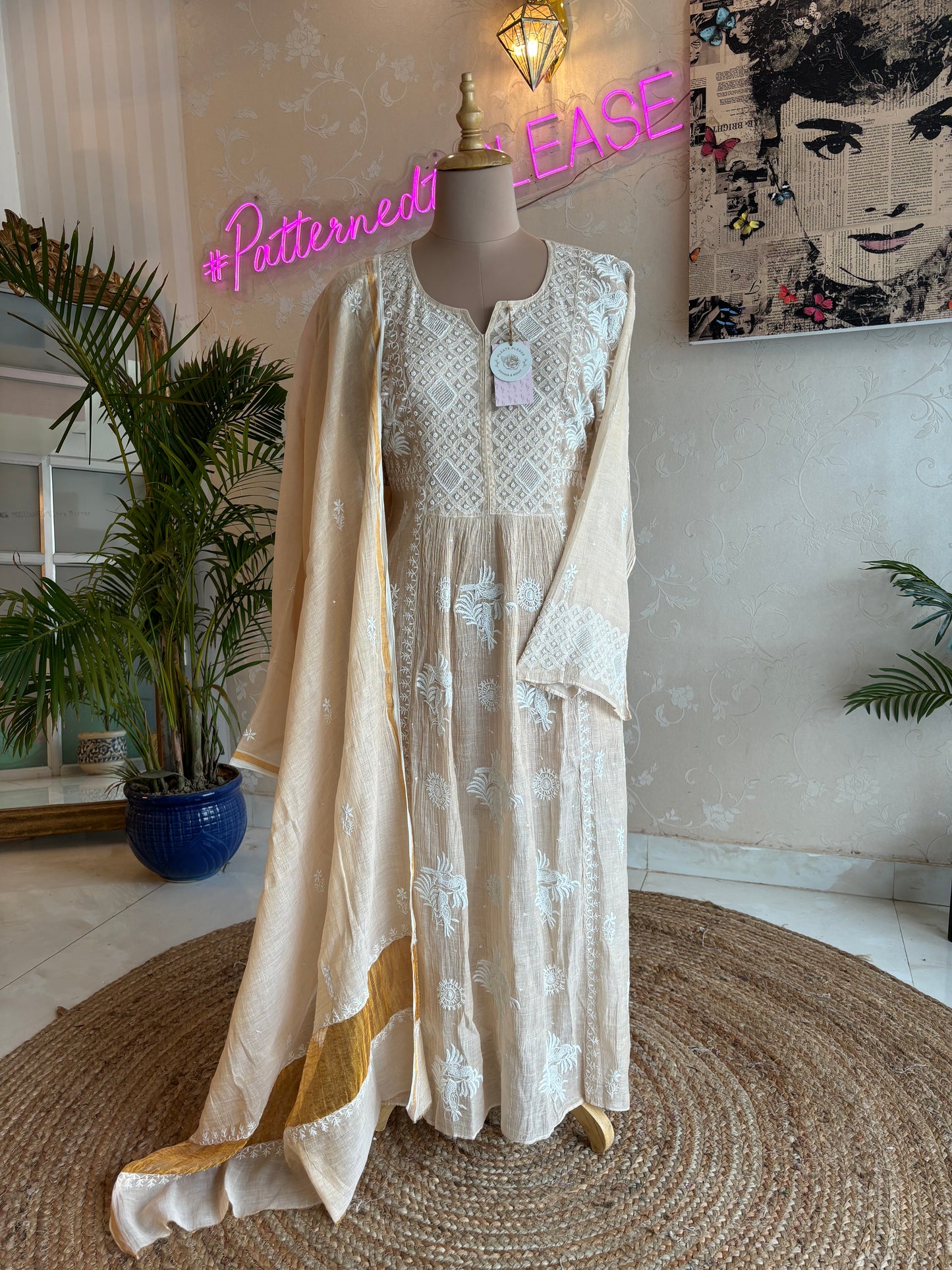 Dyeable Golden Pure Tissue Chikankari Tunic Kurta and Dupatta