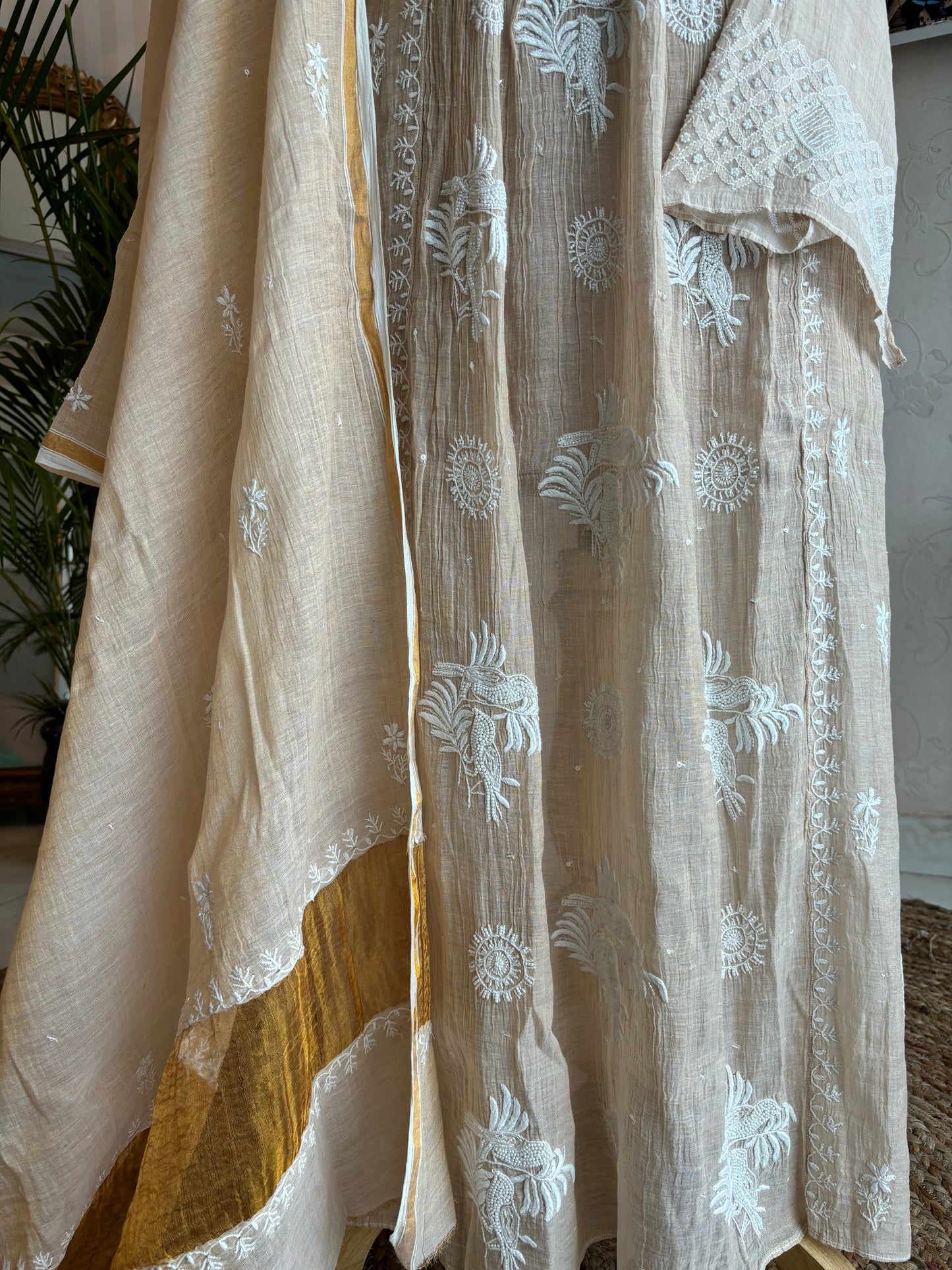 Dyeable Golden Pure Tissue Chikankari Tunic Kurta and Dupatta