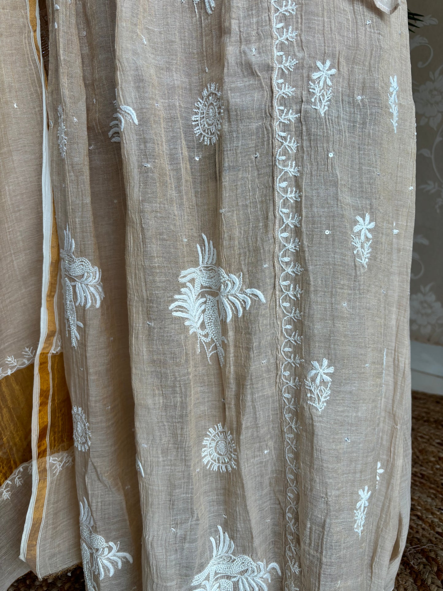 Dyeable Golden Pure Tissue Chikankari Tunic Kurta and Dupatta