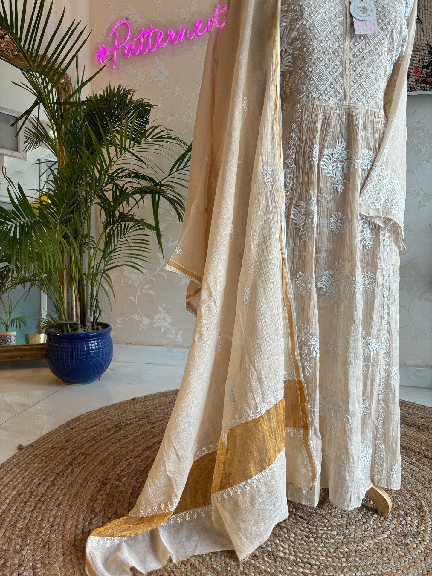 Dyeable Golden Pure Tissue Chikankari Tunic Kurta and Dupatta