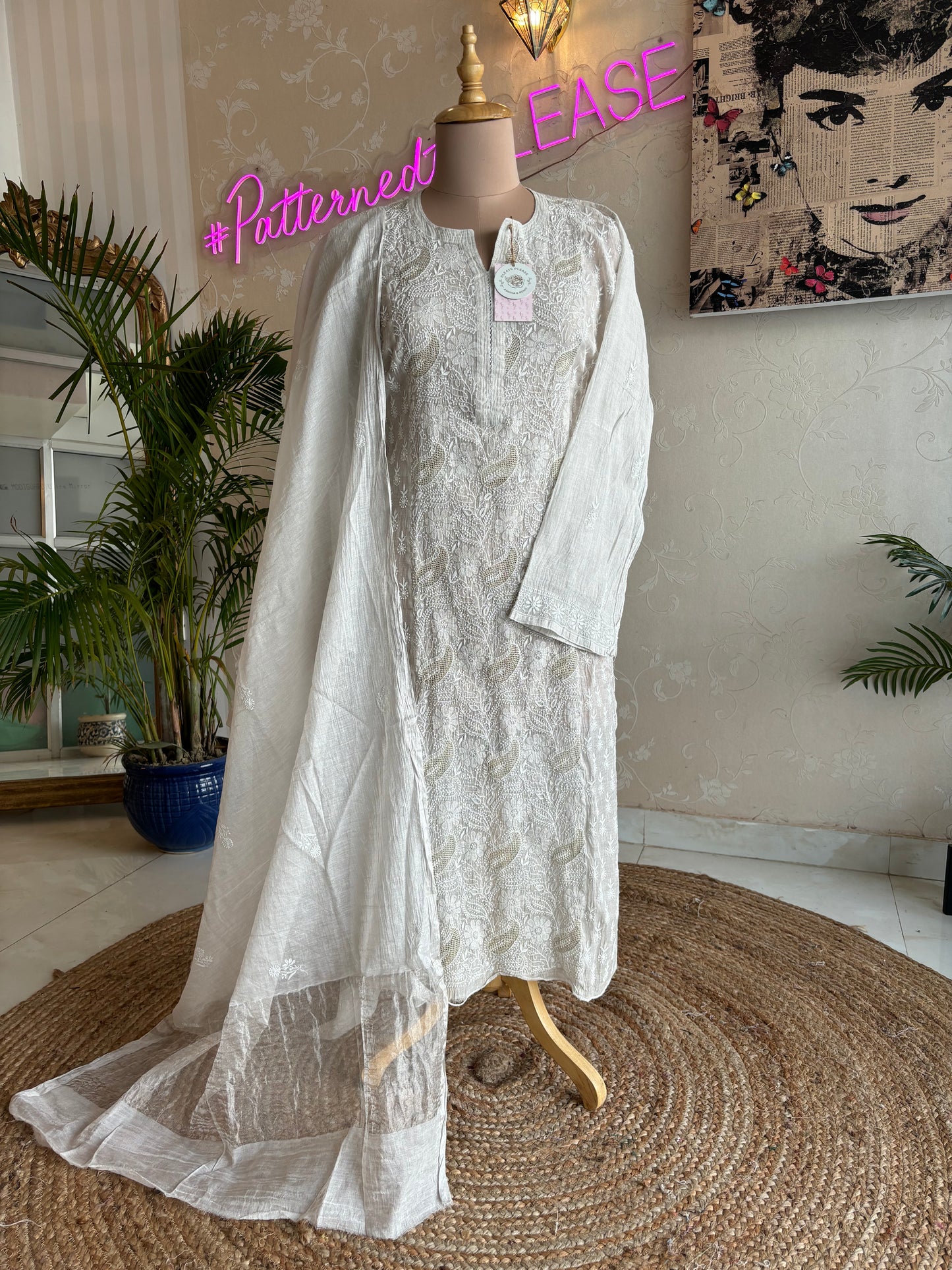 Dyeable Silver Pure Tissue Chikankari Kurta and Dupatta