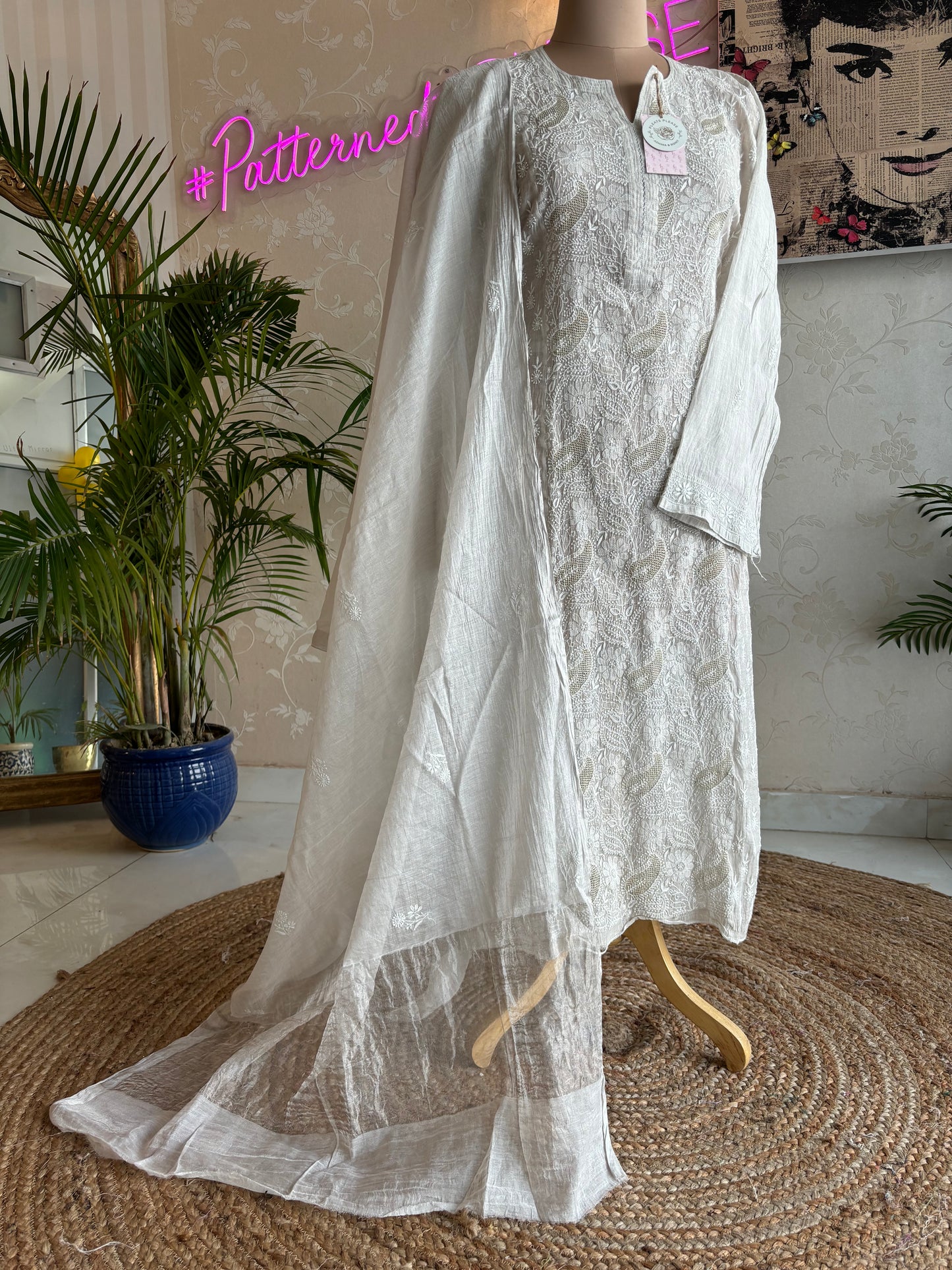 Dyeable Silver Pure Tissue Chikankari Kurta and Dupatta