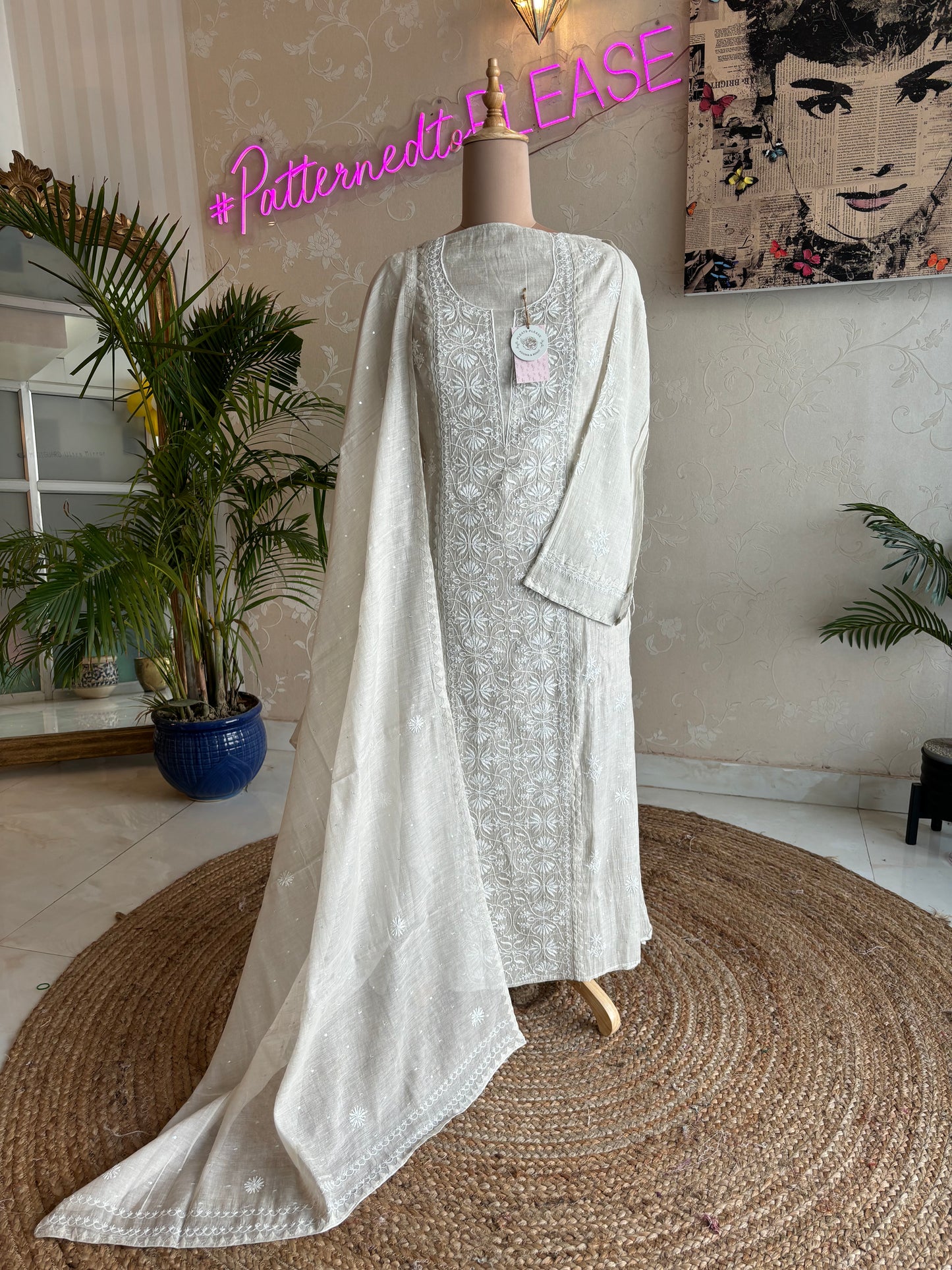 Dyeable Silver Pure Tissue Chikankari Kurta and Dupatta