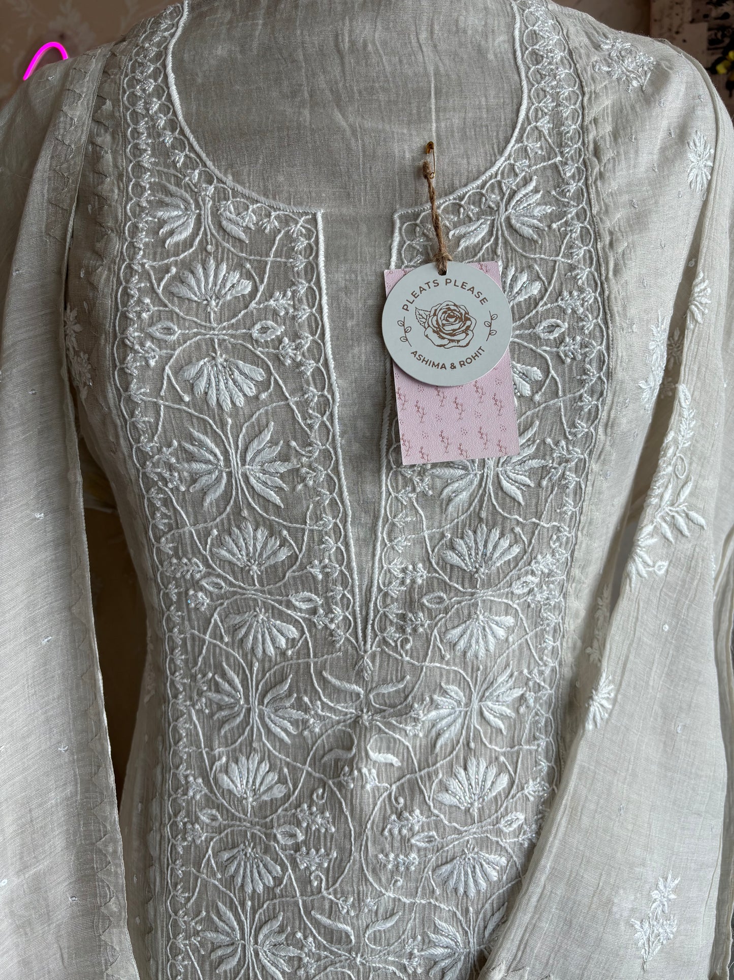 Dyeable Silver Pure Tissue Chikankari Kurta and Dupatta