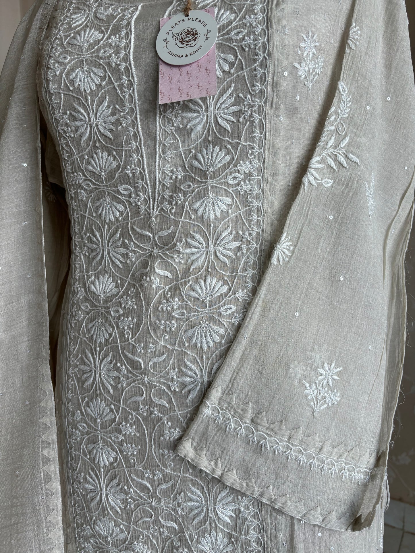 Dyeable Silver Pure Tissue Chikankari Kurta and Dupatta