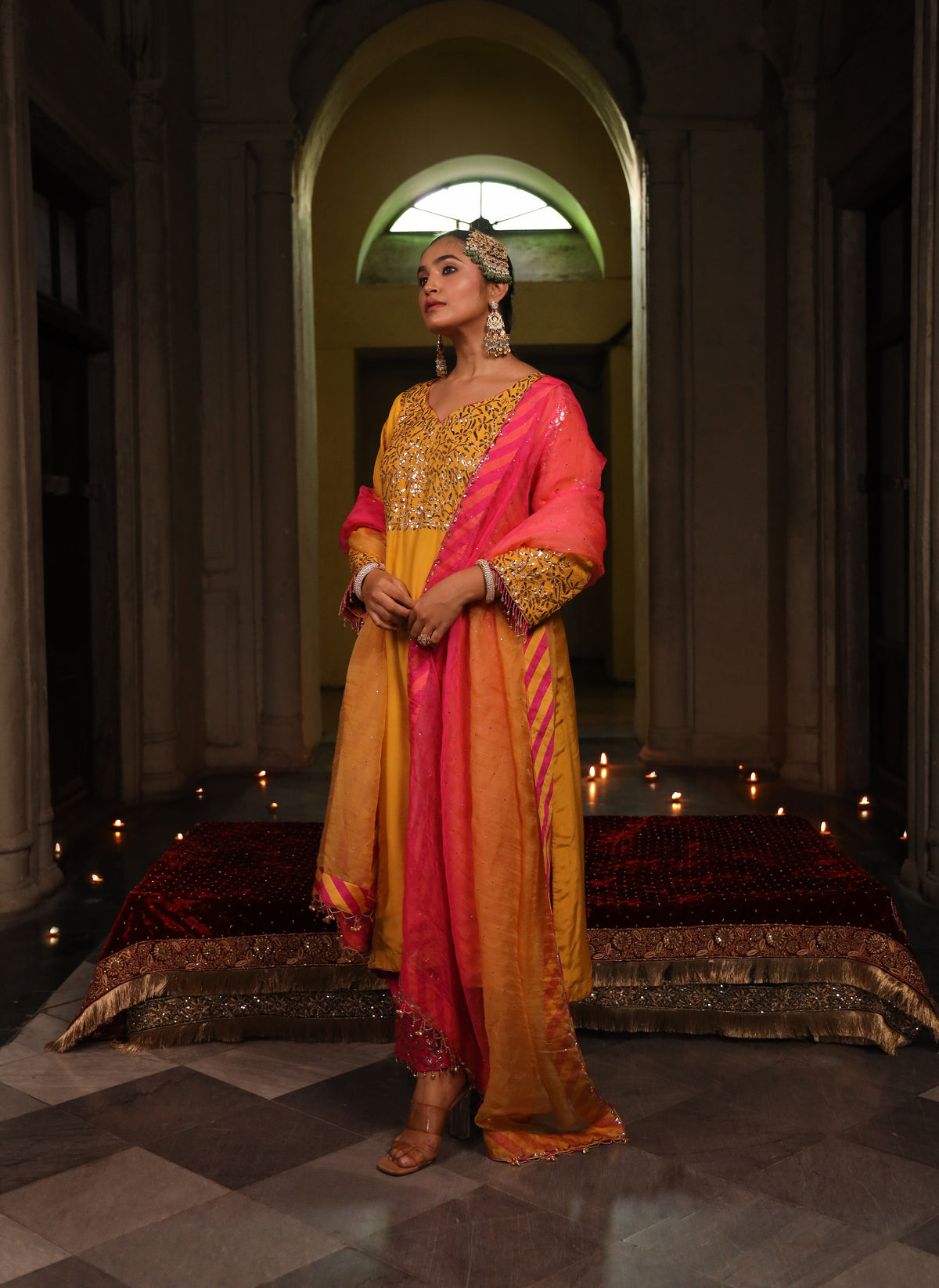 Mustard Pure Silk Mukaish Set With Organza Dupatta