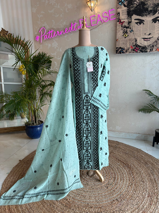 Teal Chanderi Mul Chikankari Kurta and Dupatta